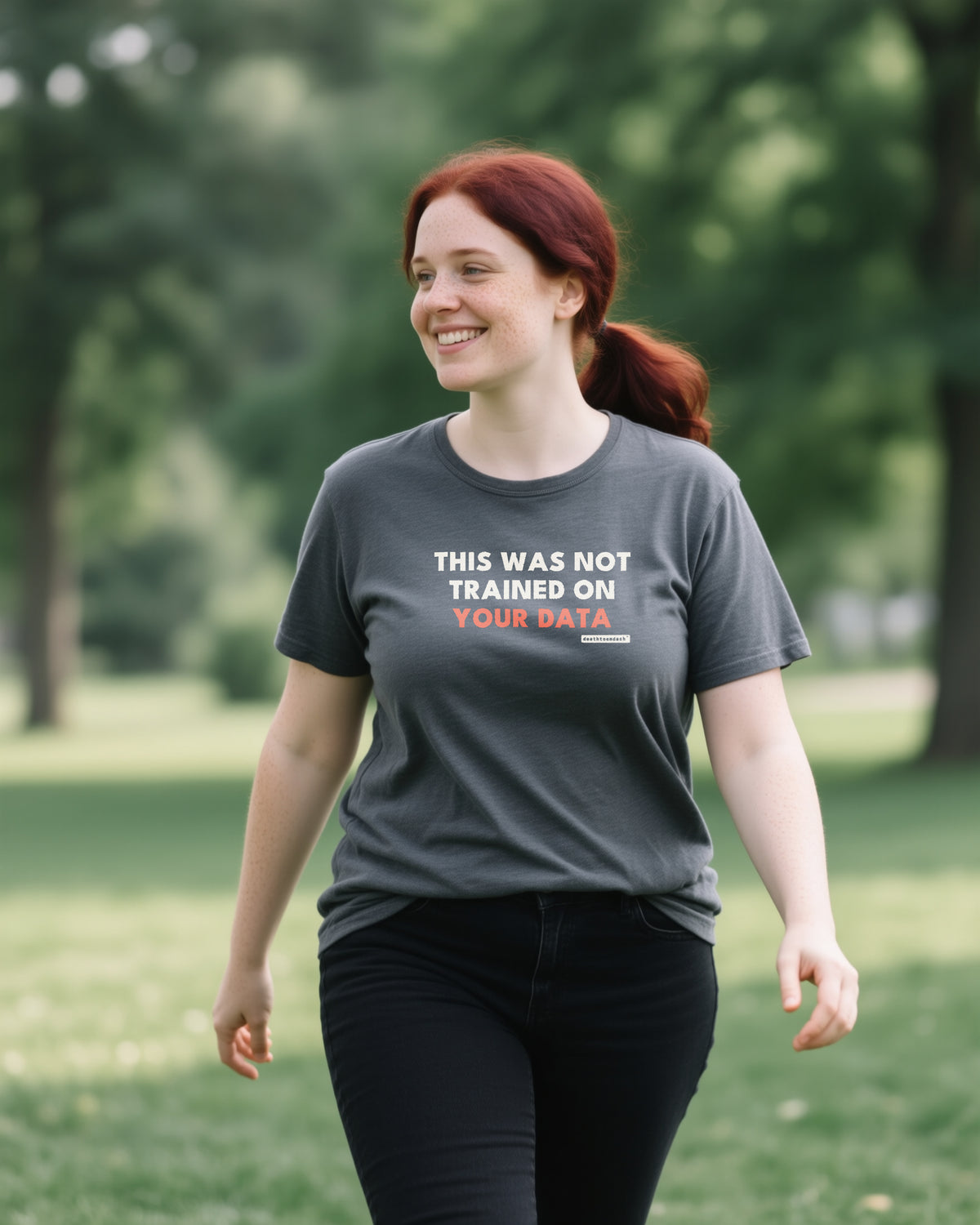 This Was Not Trained On Your Data unisex heavyweight t-shirt in dark grey heather, worn