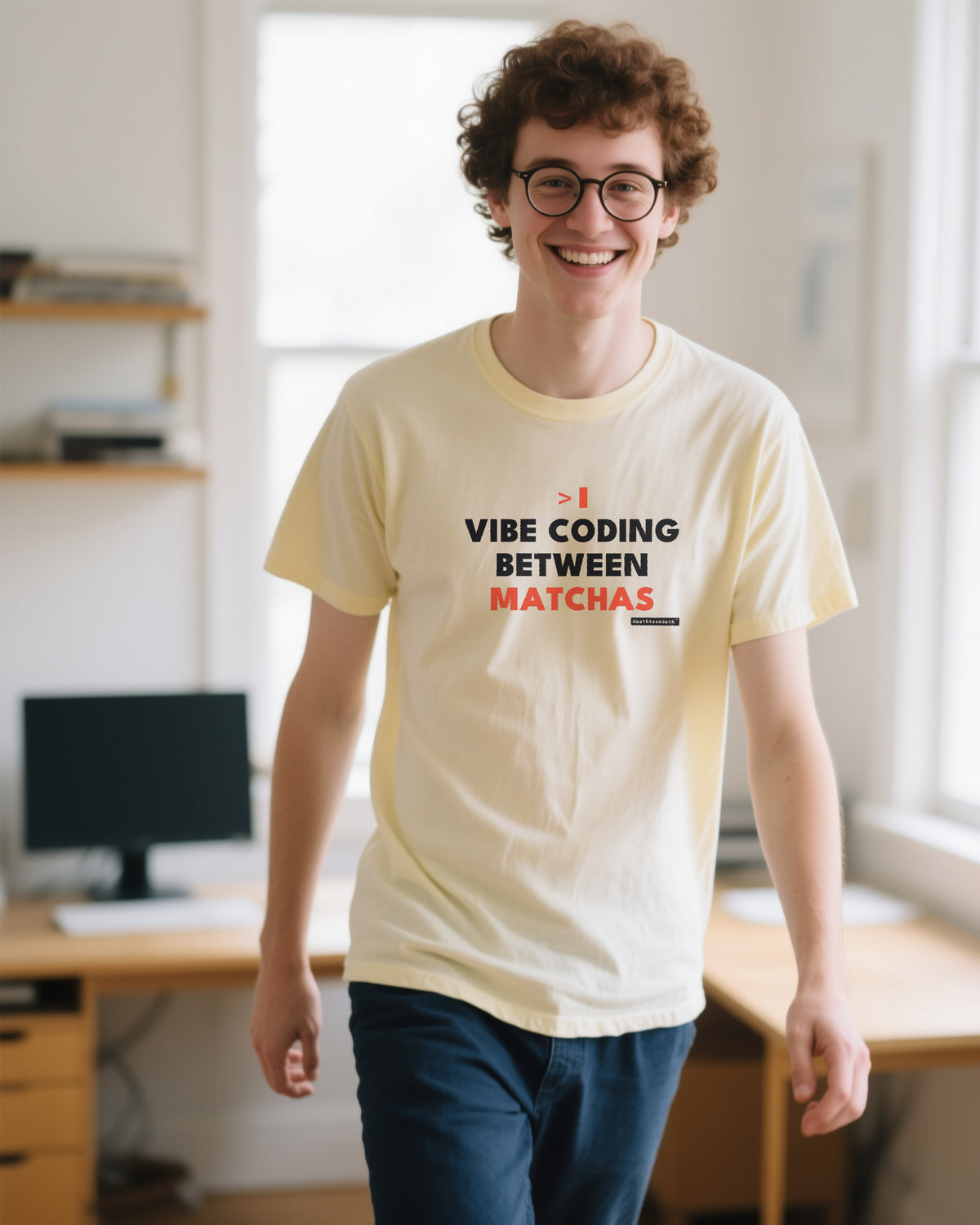 Vibe Coding Between Matchas unisex heavyweight t-shirt in ivory, worn