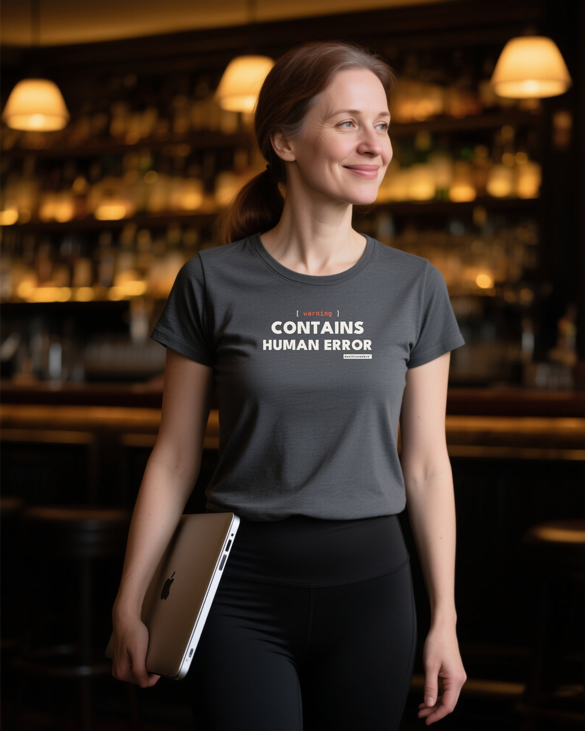 Warning Contains Human Error unisex heavyweight t-shirt in dark grey heather, worn