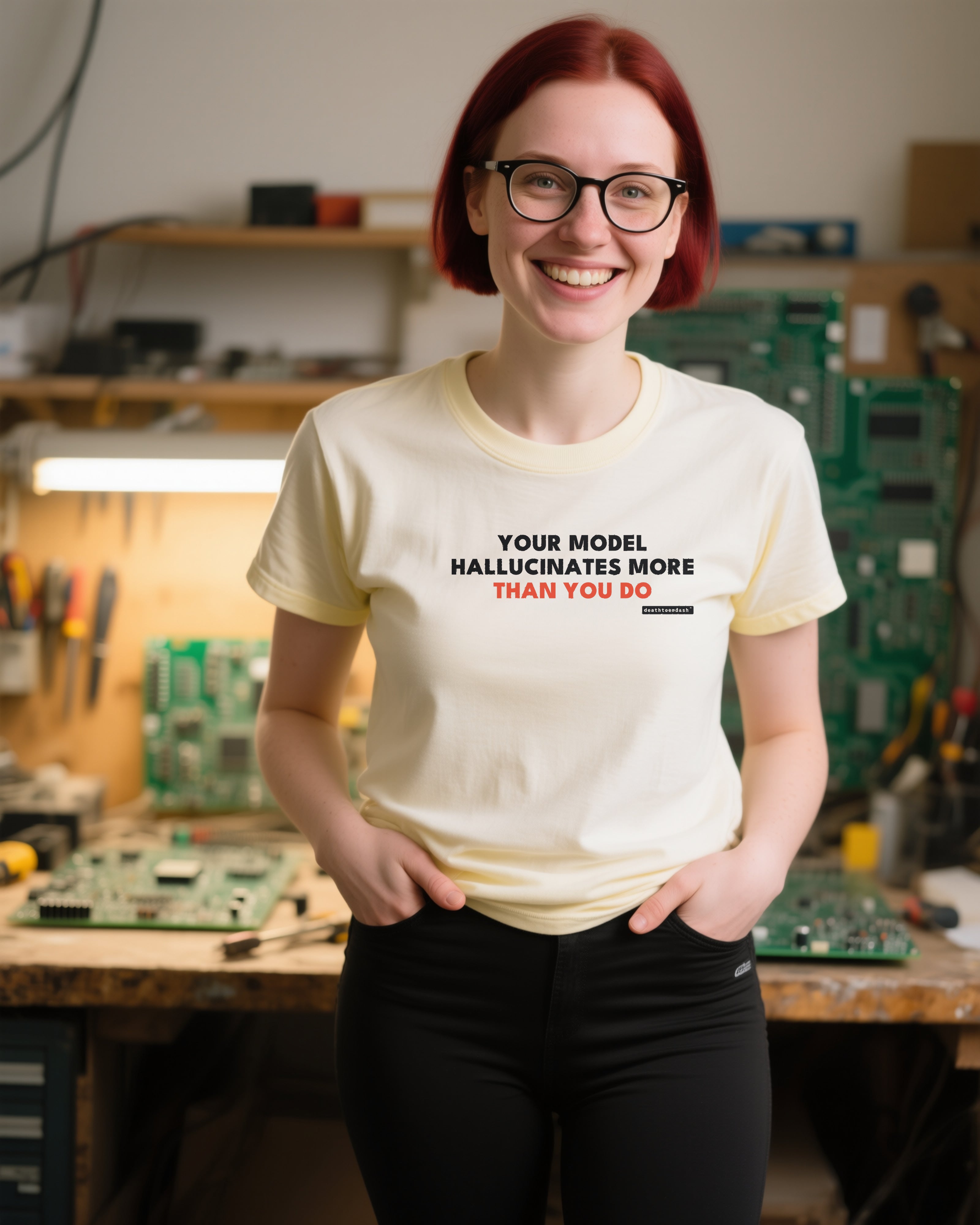 Your Model Hallucinates More Than You Do unisex heavyweight t-shirt in ivory, worn