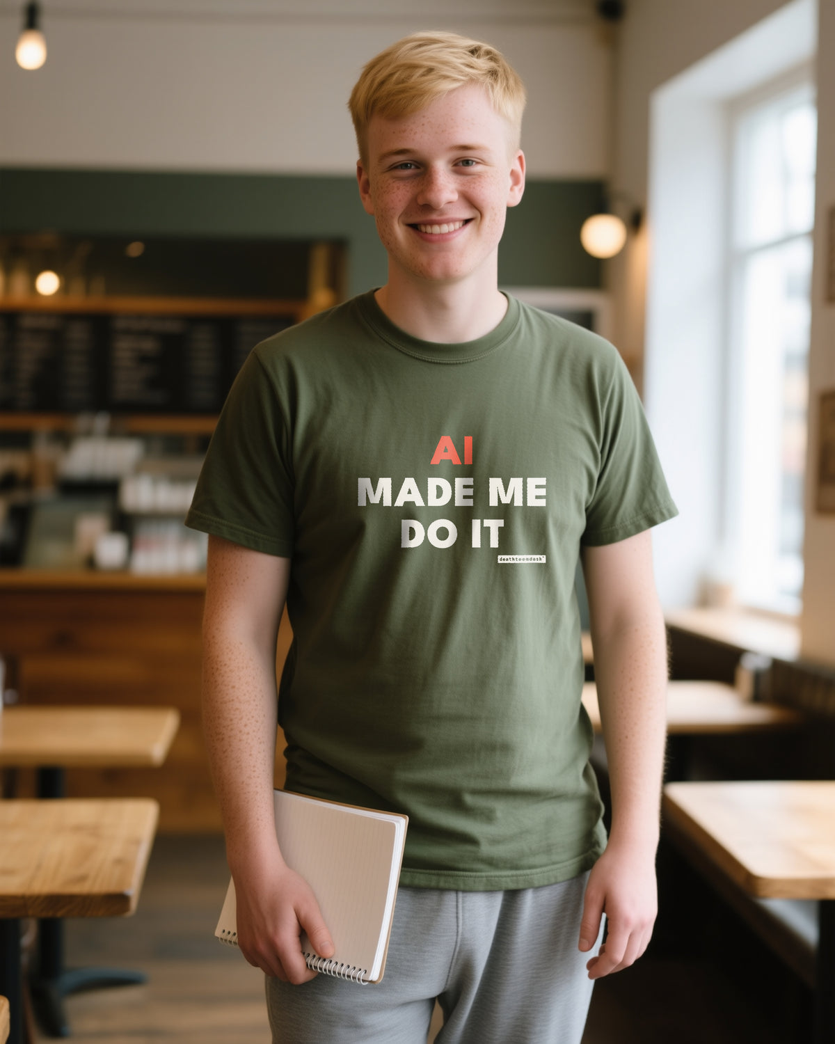 Ai Made Me Do It unisex heavyweight t-shirt in moss, worn