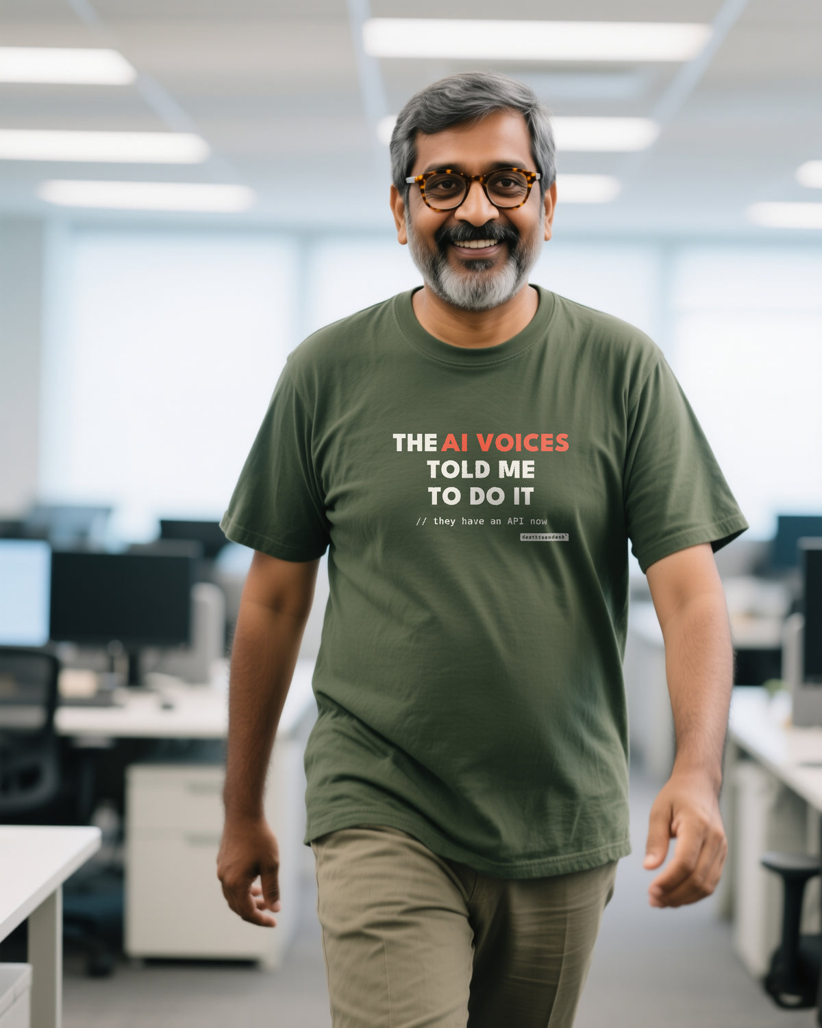 Ai Voices Told Me unisex heavyweight t-shirt in moss, worn