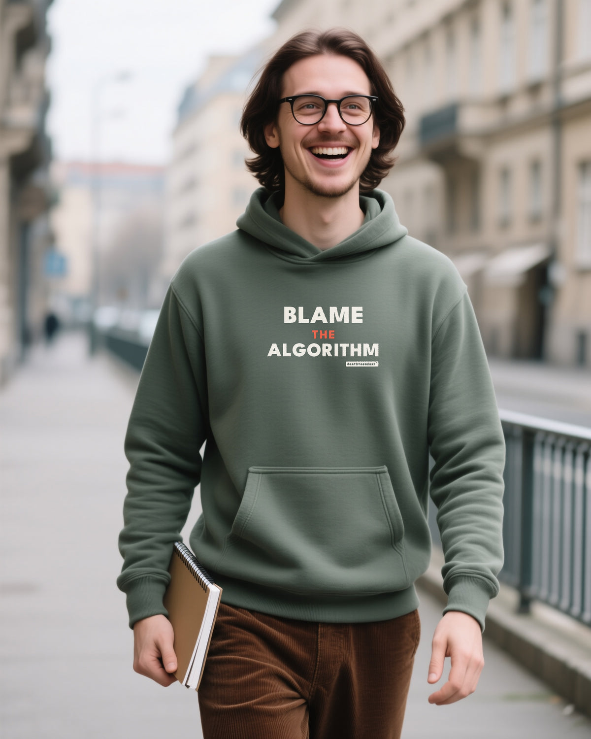 Blame The Algorithm unisex heavyweight hoodie in military green, worn