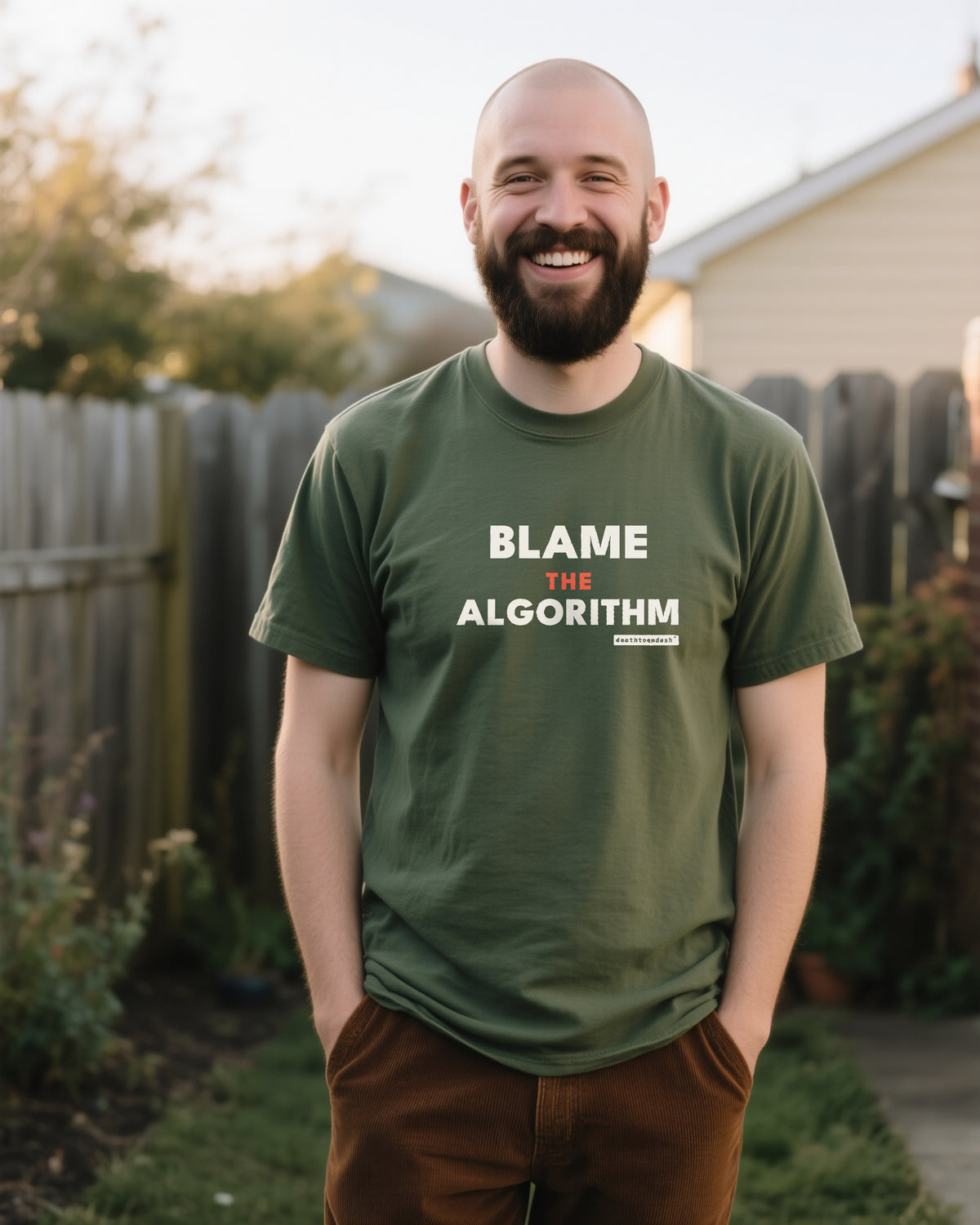 Blame The Algorithm unisex heavyweight t-shirt in moss, worn