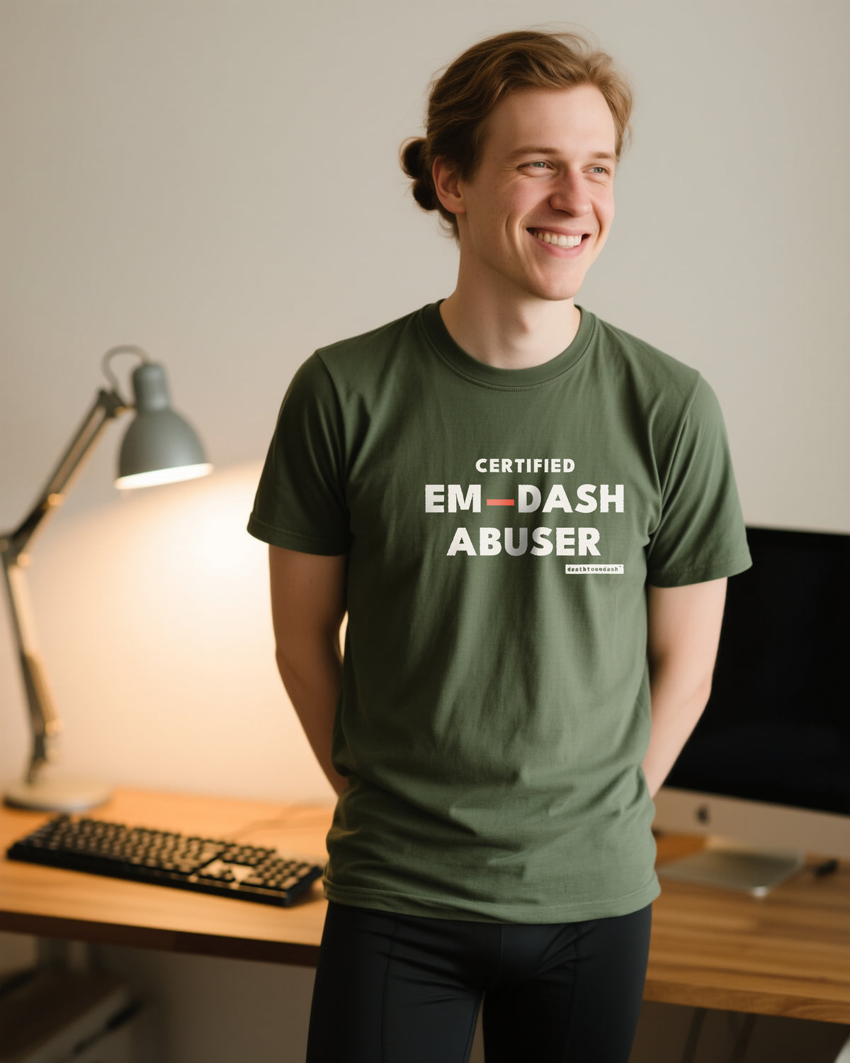 Certified Em Dash Abuser unisex heavyweight t-shirt in moss, worn