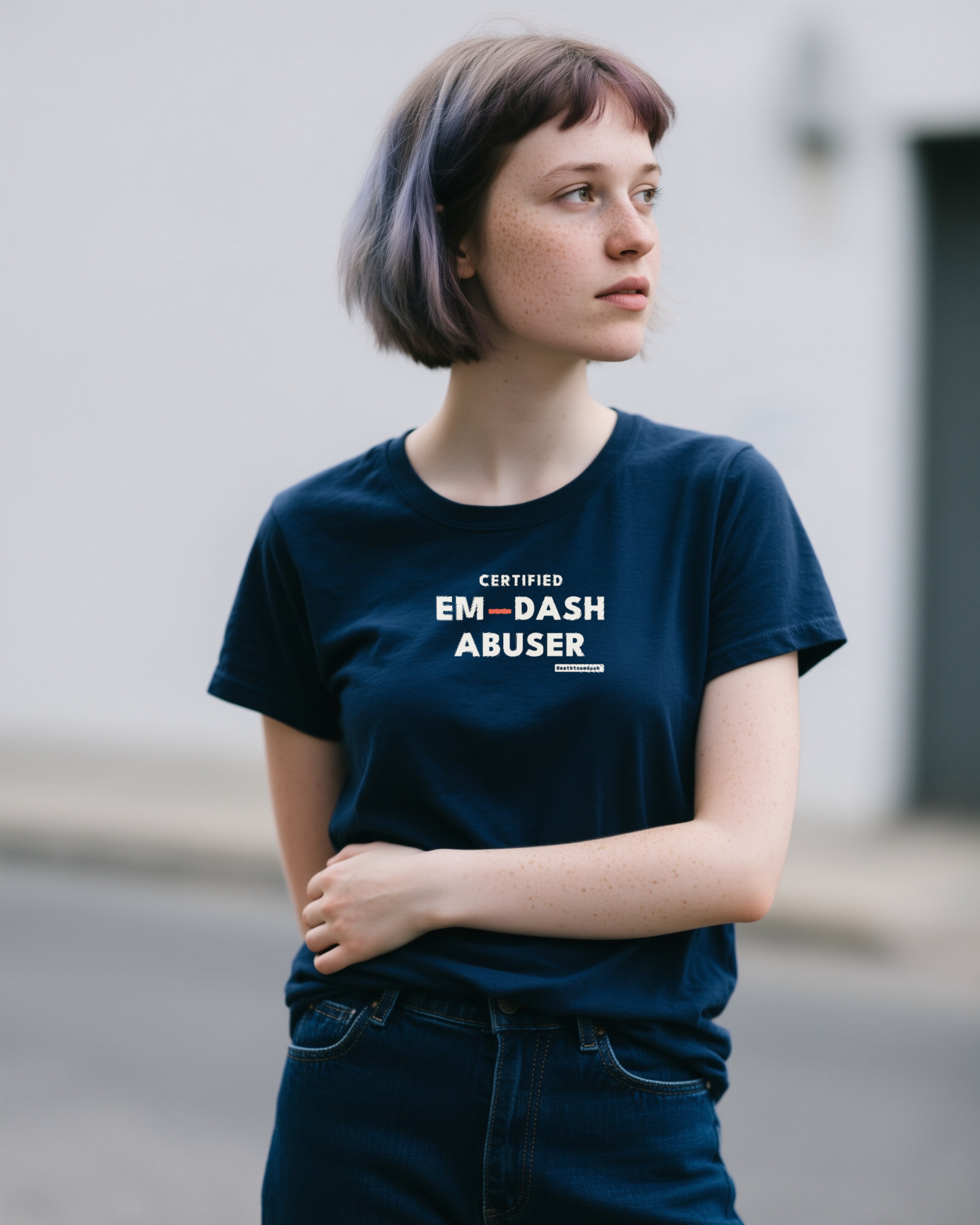 Certified Em-Dash Abuser women's relaxed t-shirt in navy, worn