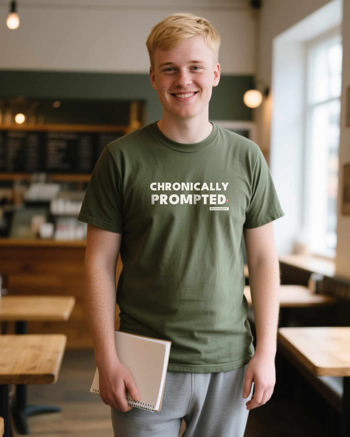 Chronically Prompted unisex heavyweight t-shirt in moss, worn