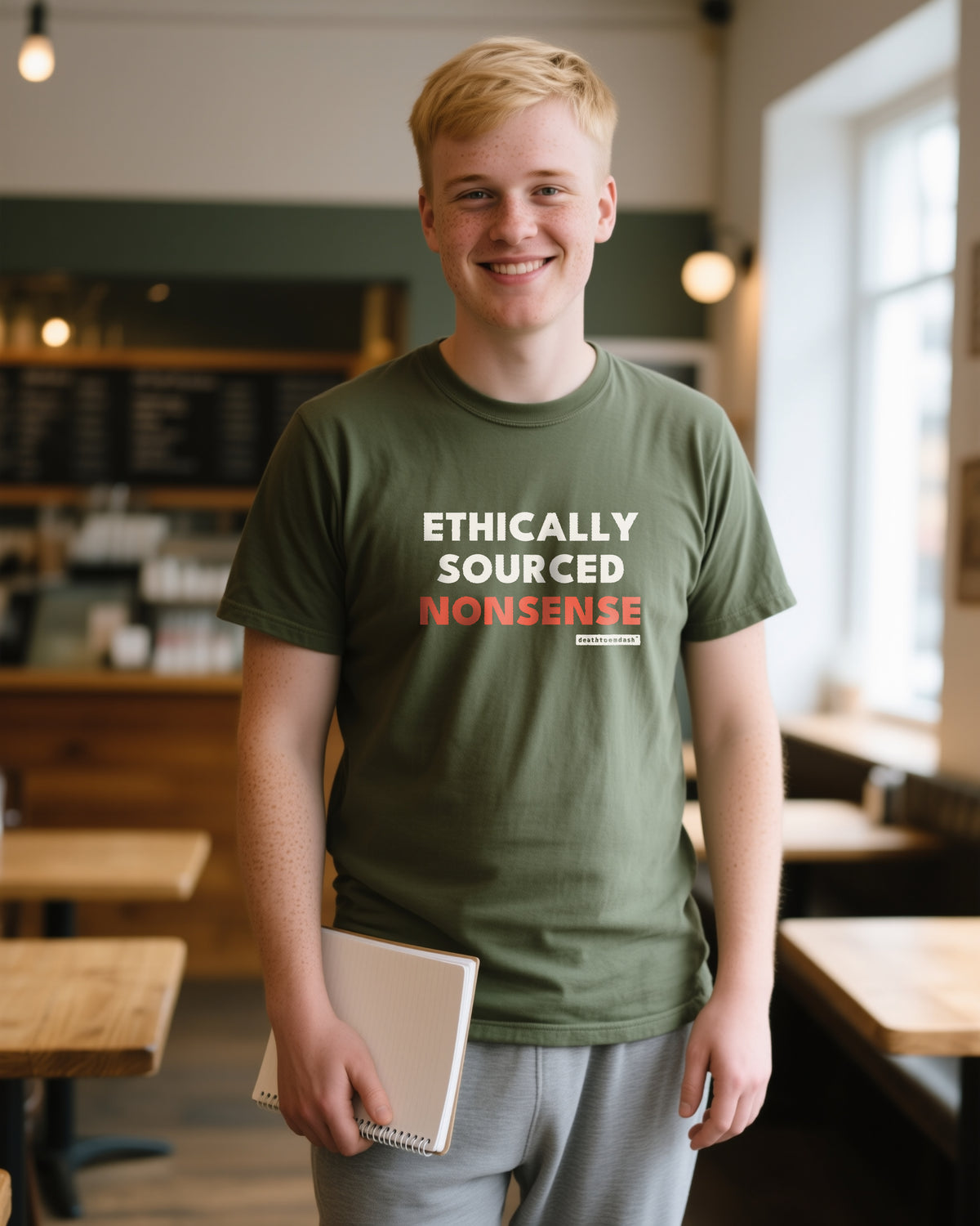 Ethically Sourced Nonsense unisex heavyweight t-shirt in moss, worn