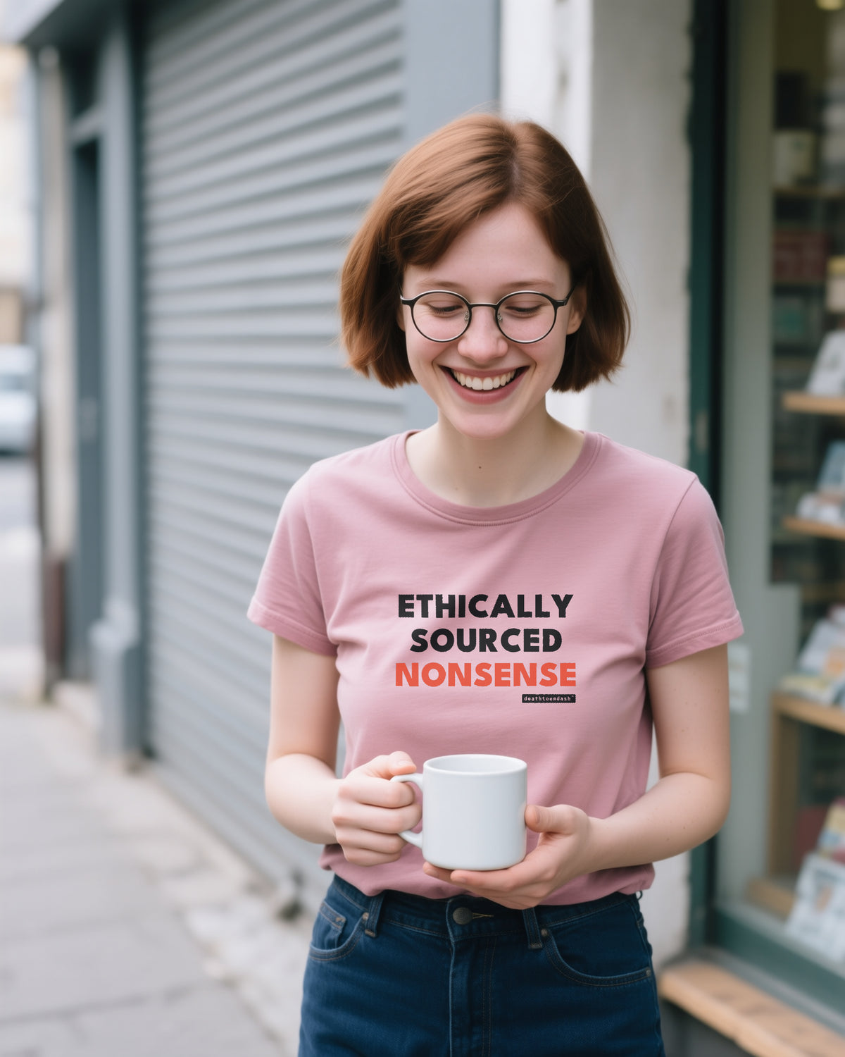 Ethically Sourced Nonsense unisex heavyweight t-shirt in heather mauve, worn