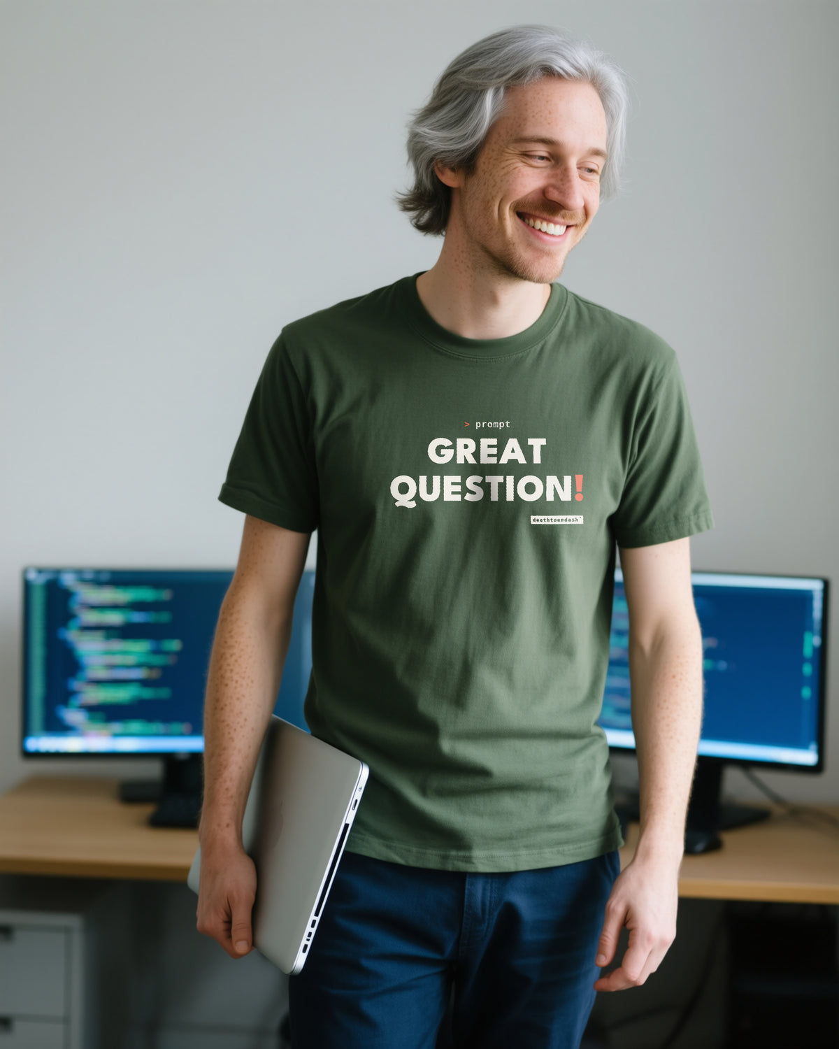 Great Question unisex heavyweight t-shirt in moss, worn