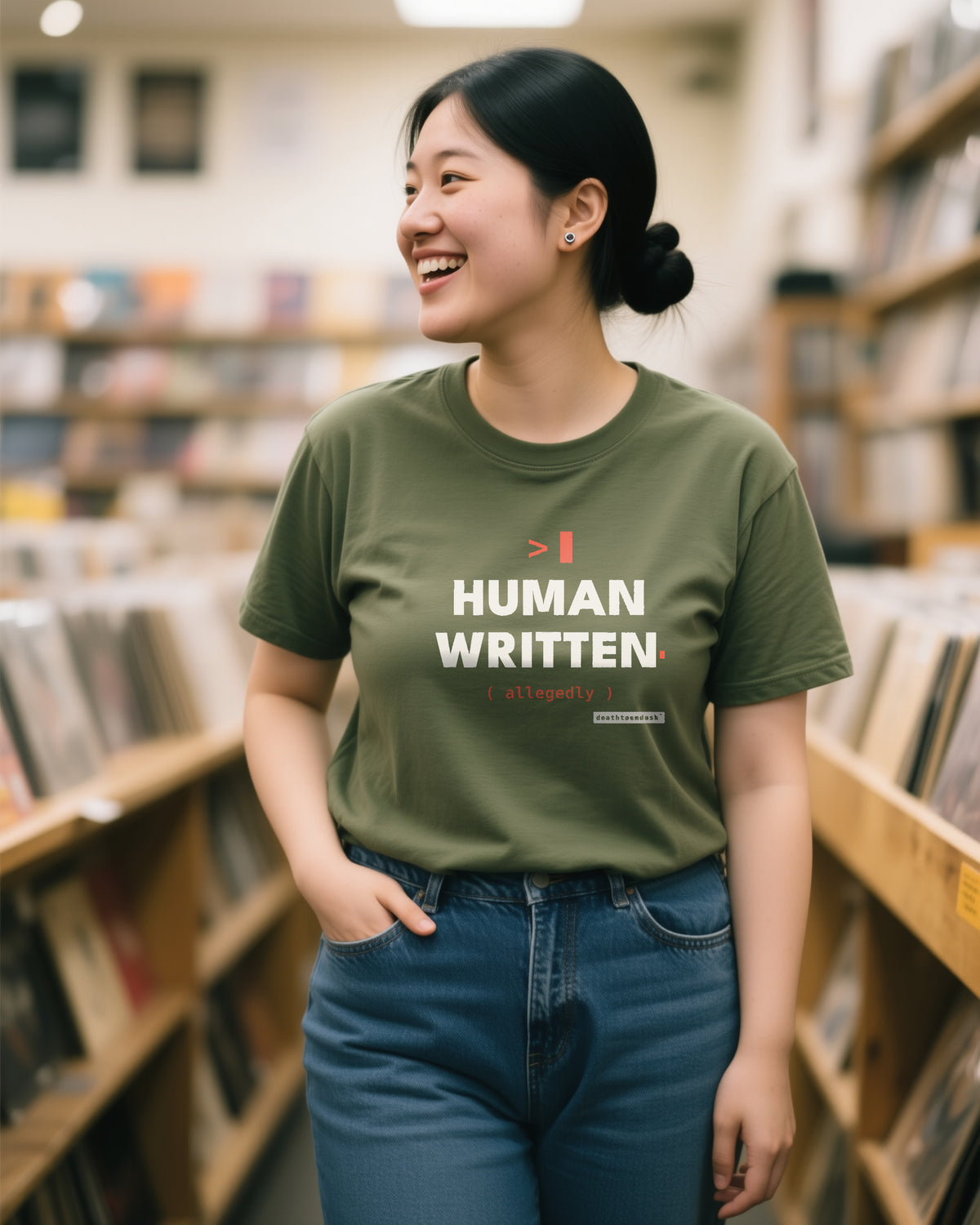 Human Written Allegedly unisex heavyweight t-shirt in moss, worn