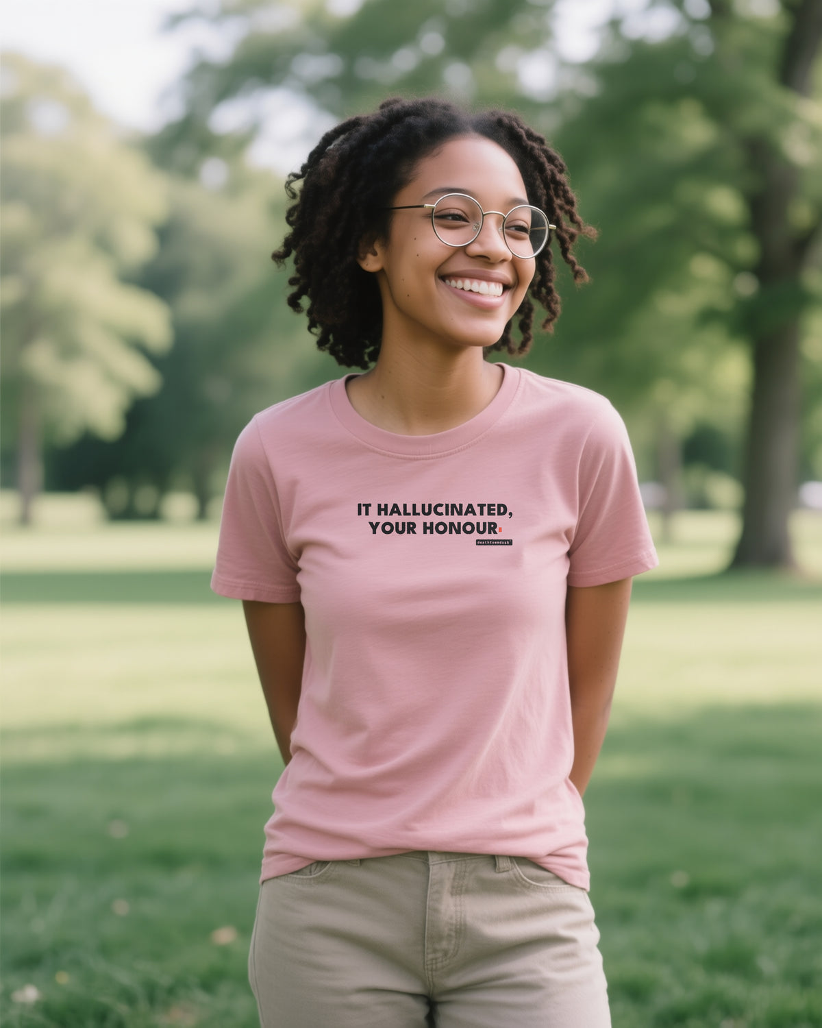 It Hallucinated Your Honour unisex heavyweight t-shirt in heather mauve, worn