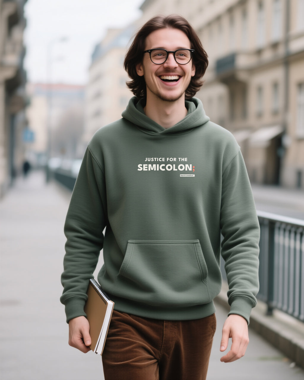 Justice For The Semicolon unisex heavyweight hoodie in military green, worn