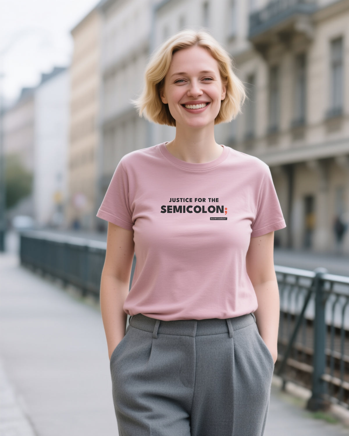 Justice For The Semicolon unisex heavyweight t-shirt in heather mauve, worn