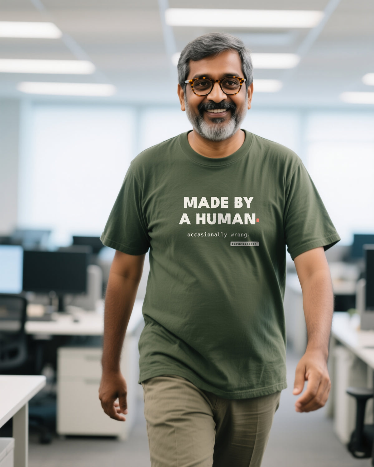 Made By A Human Occasionally Wrong unisex heavyweight t-shirt in moss, worn