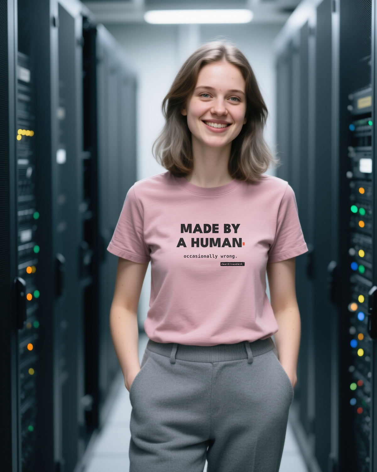 Made By A Human Occasionally Wrong unisex heavyweight t-shirt in heather mauve, worn
