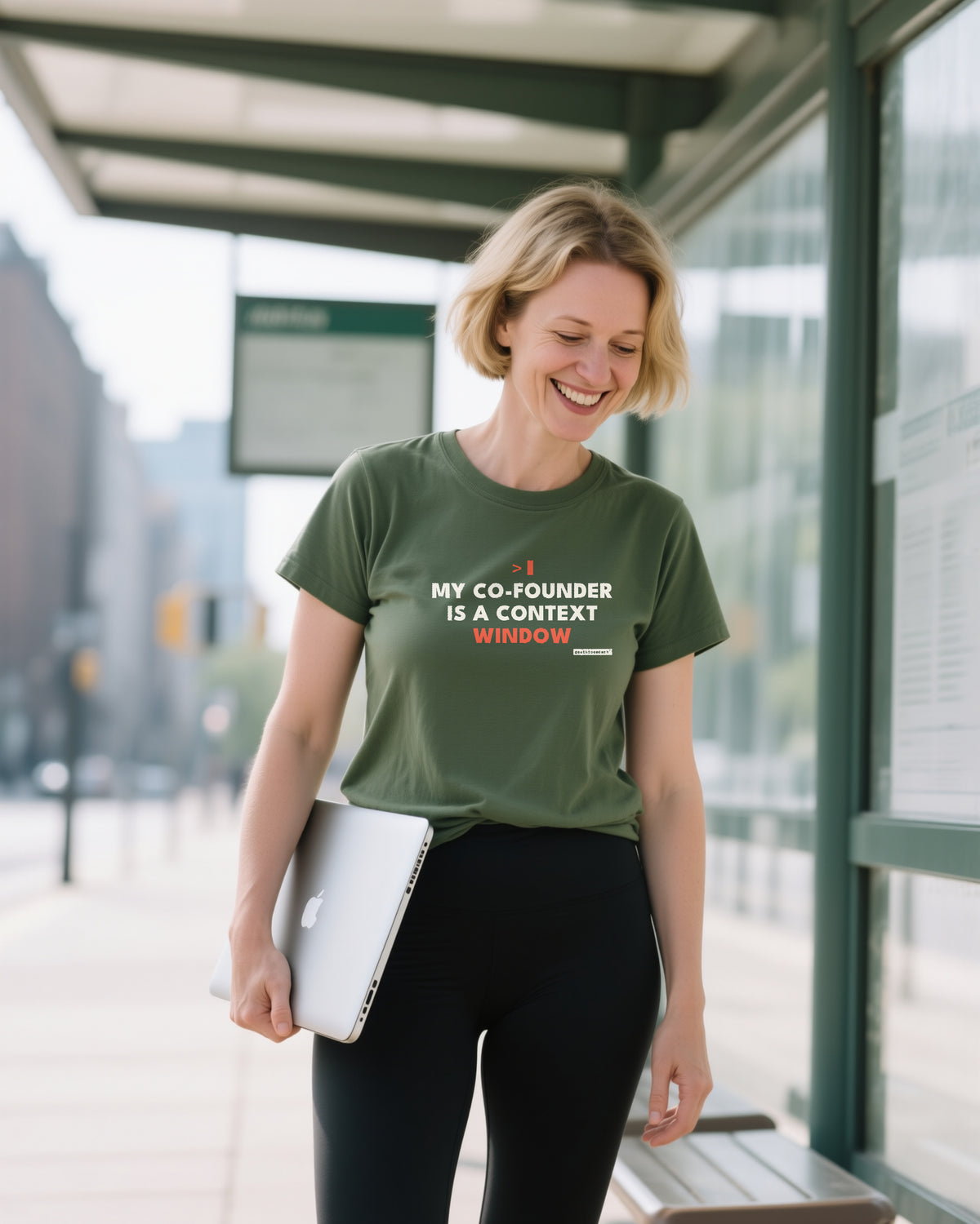 My Cofounder Is A Context Window unisex heavyweight t-shirt in moss, worn