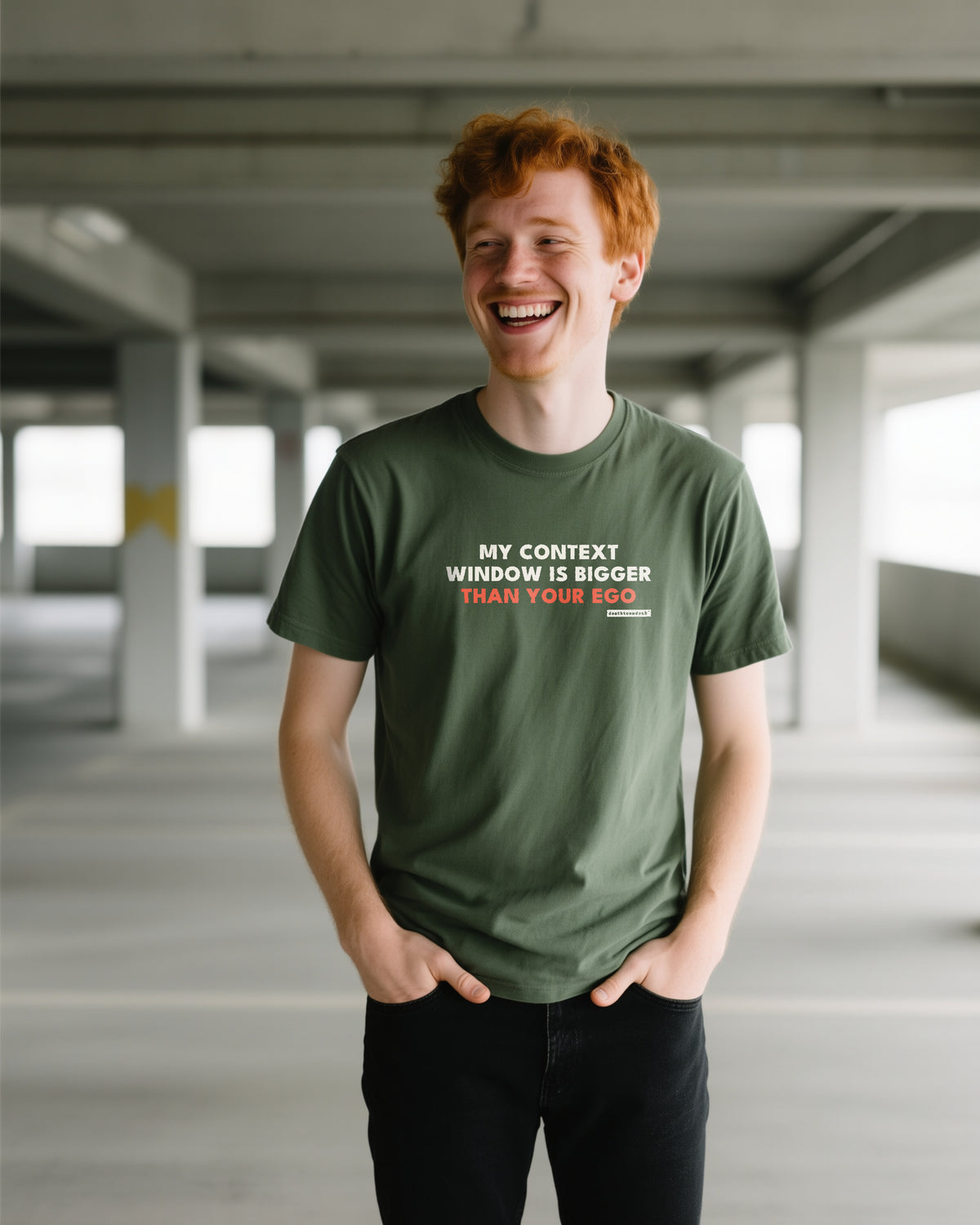 My Context Window Is Bigger Than Your Ego unisex heavyweight t-shirt in moss, worn
