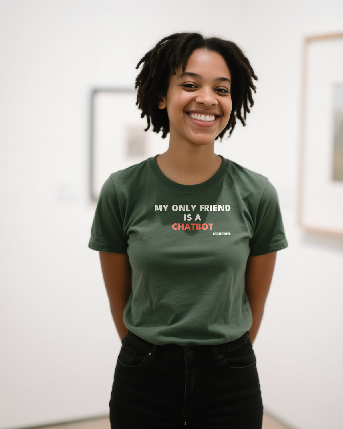 My Only Friend Is A Chatbot unisex heavyweight t-shirt in moss, worn