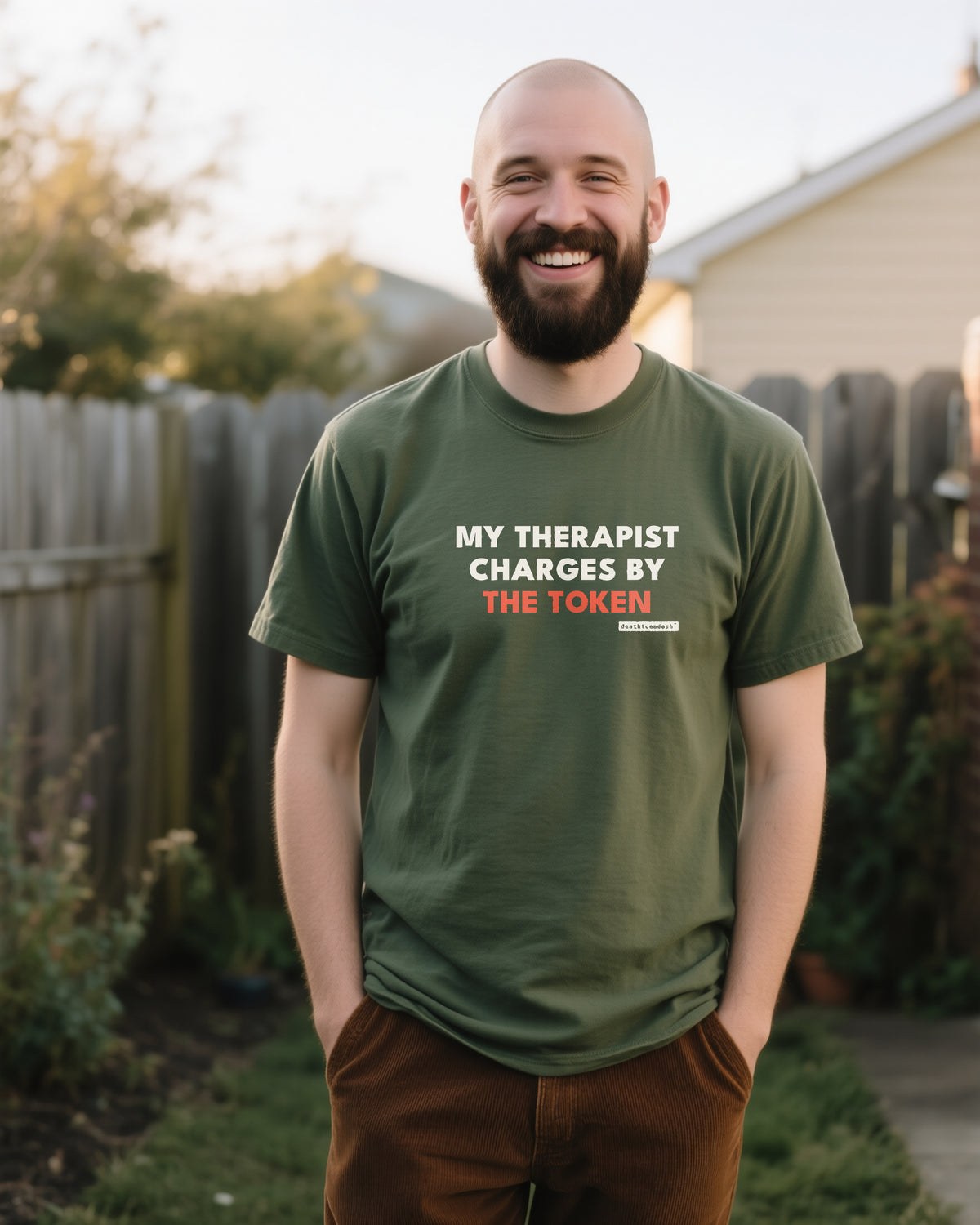 My Therapist Charges By The Token unisex heavyweight t-shirt in moss, worn