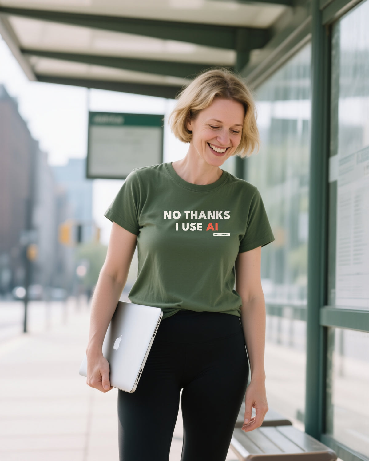 No Thanks I Use Ai unisex heavyweight t-shirt in moss, worn