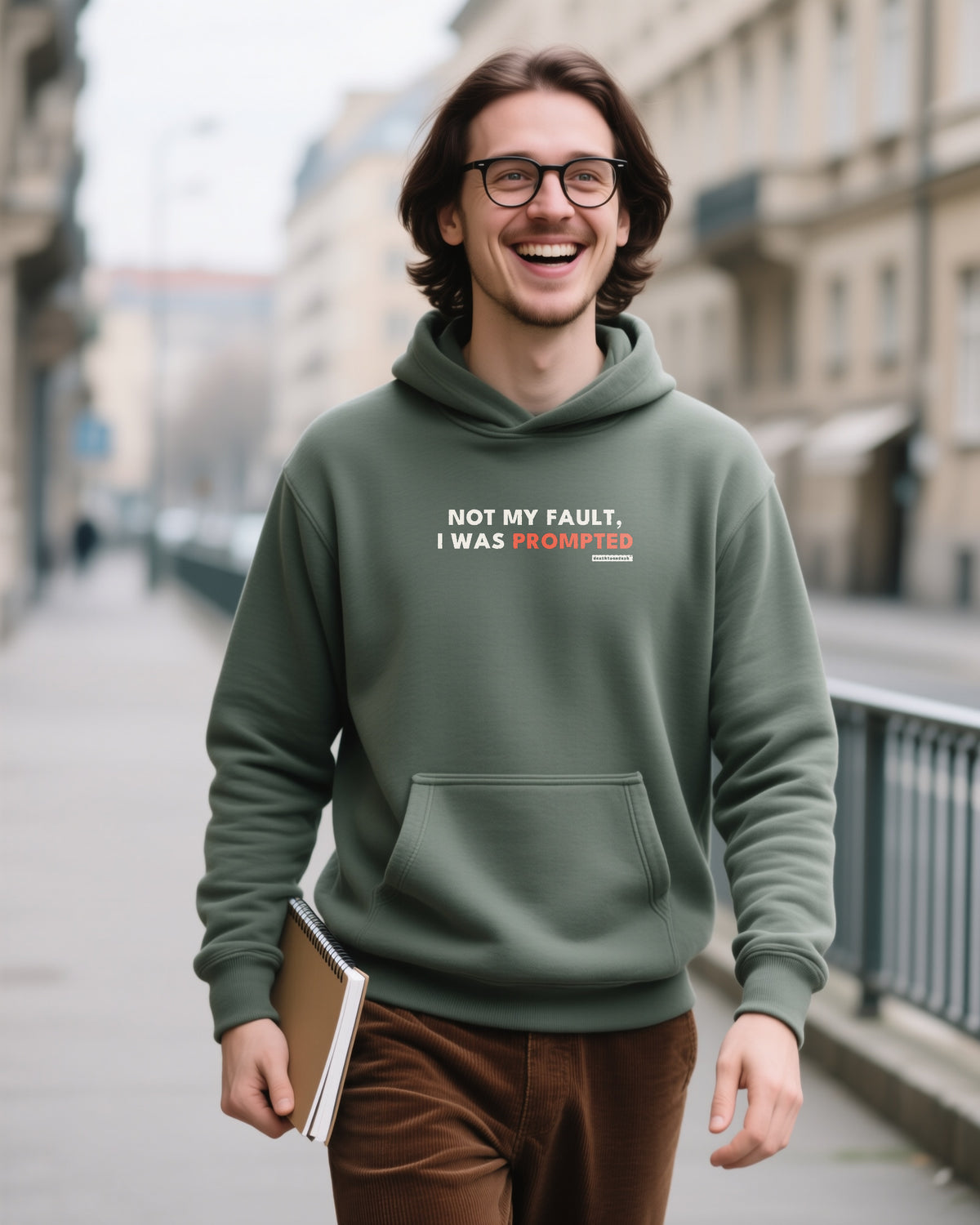 Not My Fault I Was Prompted unisex heavyweight hoodie in military green, worn