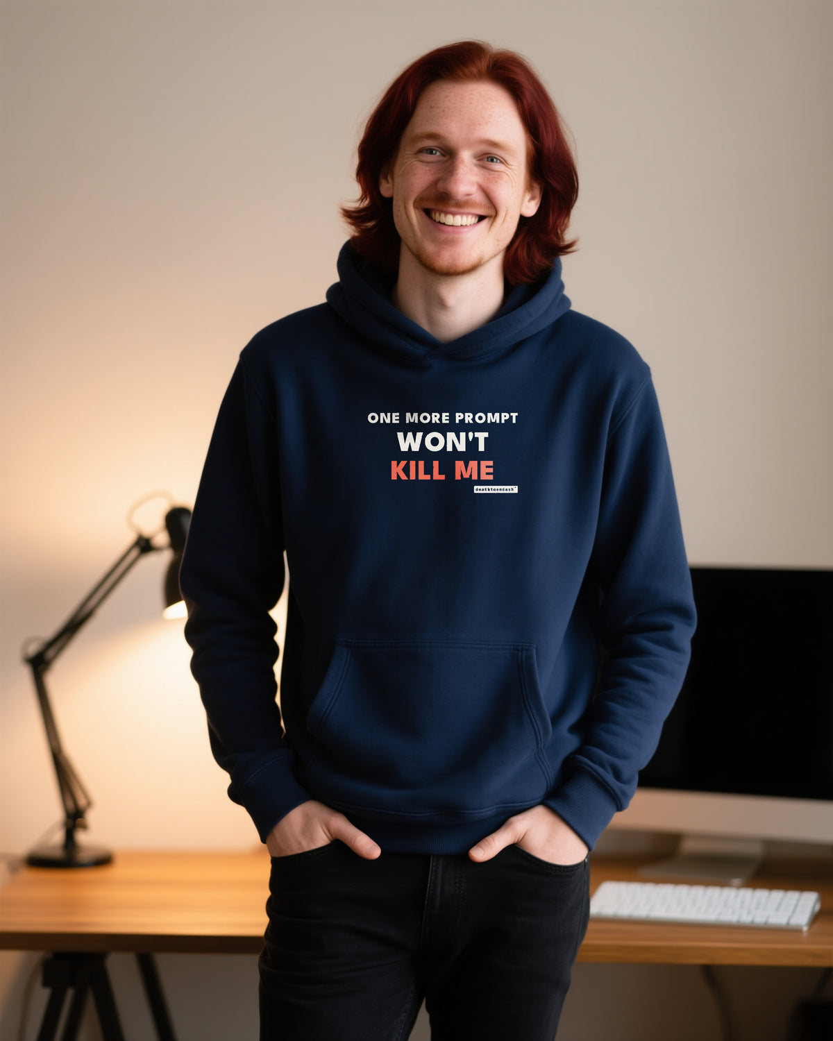 One More Prompt Won T Kill Me unisex heavyweight hoodie in navy, worn