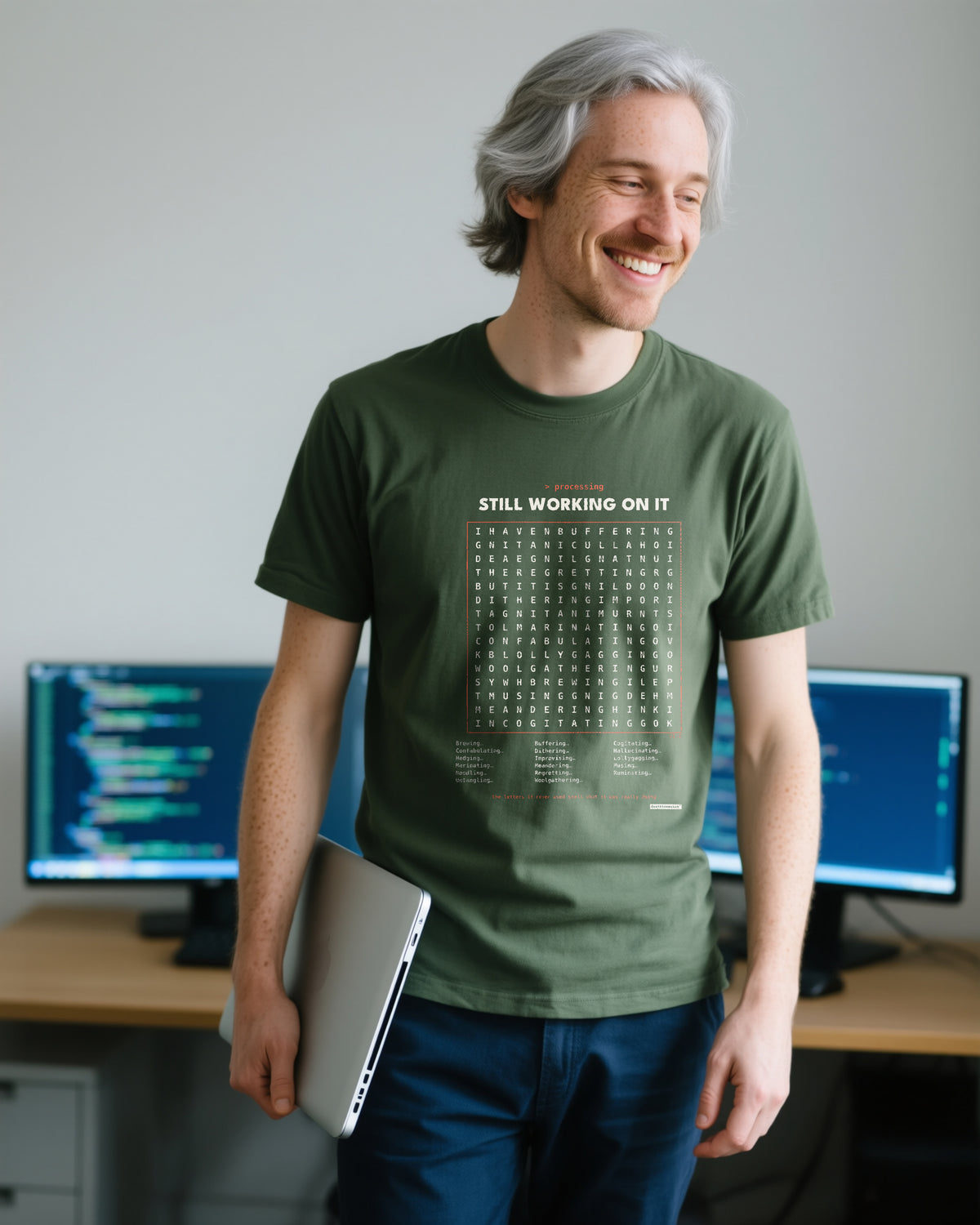 Processing Wordsearch V1 unisex heavyweight t-shirt in moss, worn