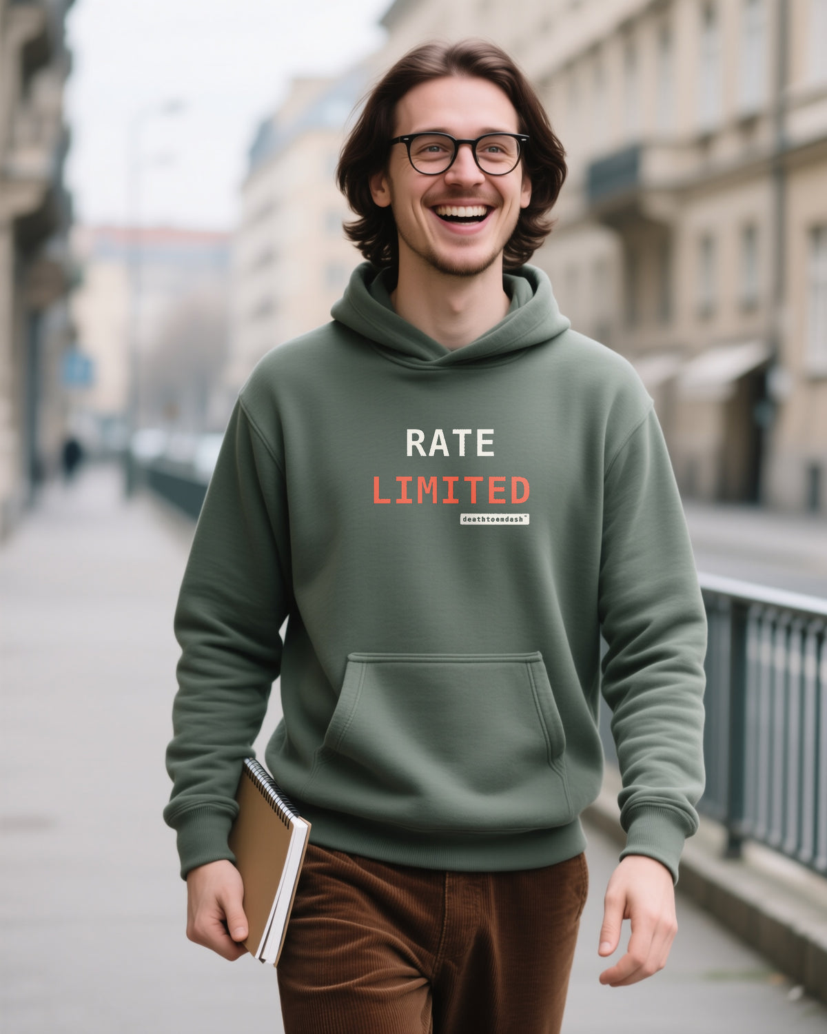 Rate Limited unisex heavyweight t-shirt in military green, worn