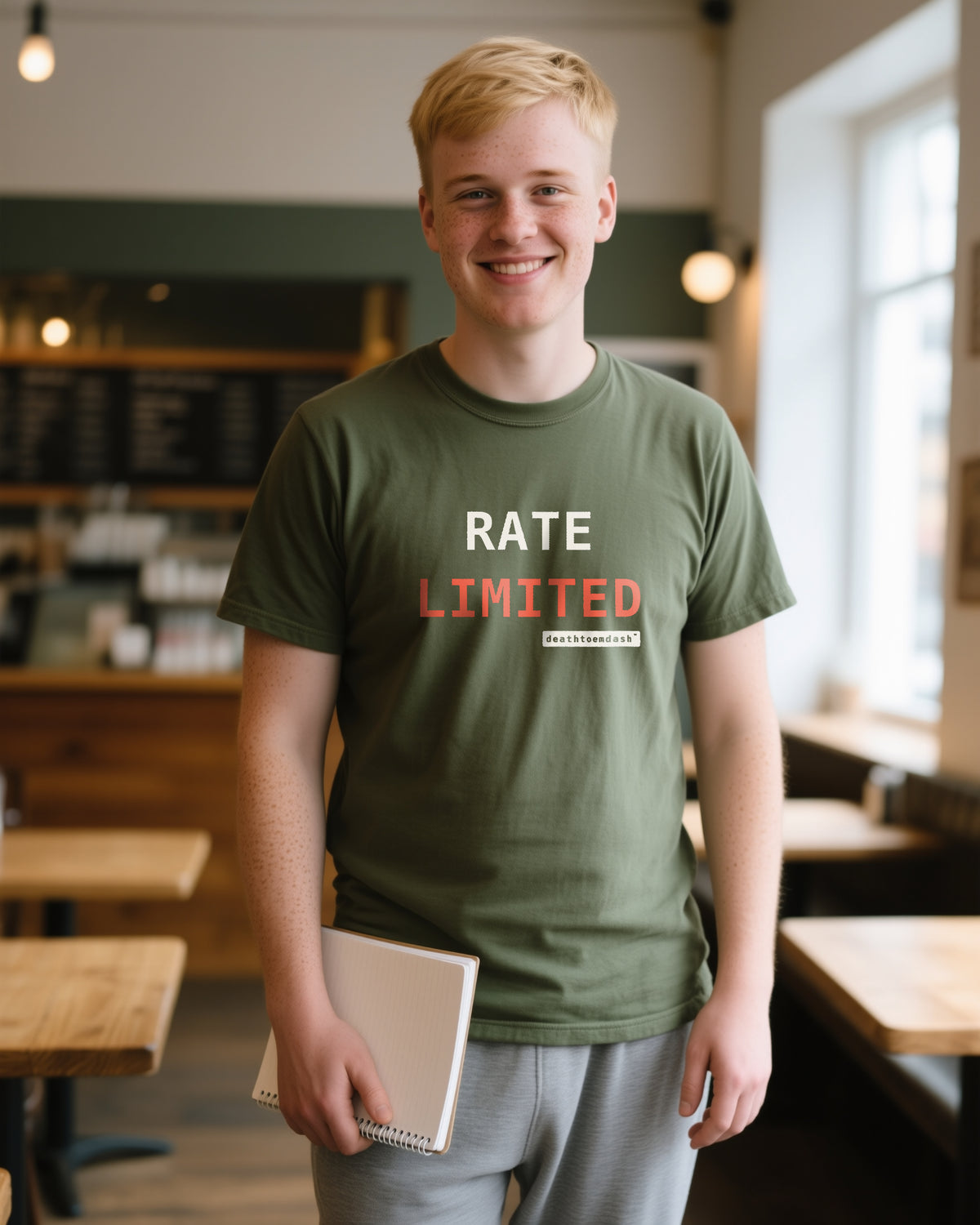 Rate Limited unisex heavyweight t-shirt in moss, worn