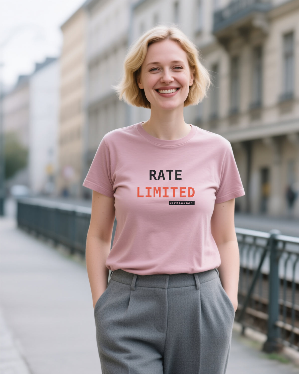 Rate Limited unisex heavyweight t-shirt in heather mauve, worn