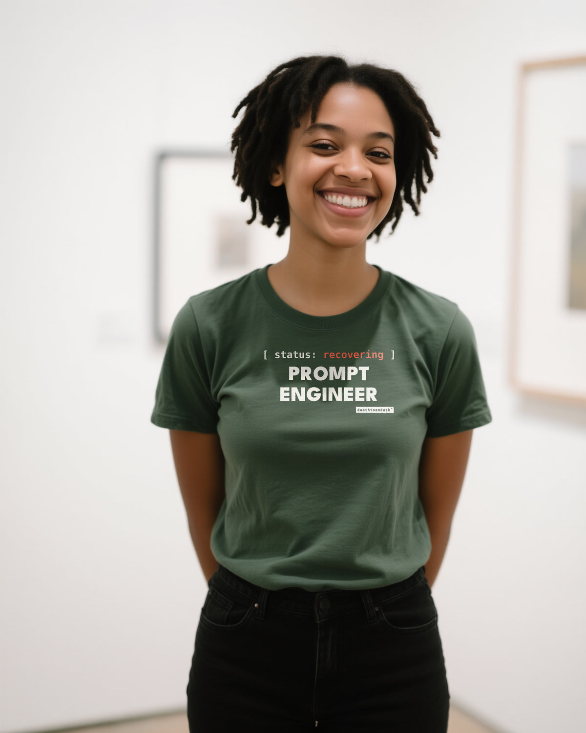 Recovering Prompt Engineer unisex heavyweight t-shirt in moss, worn