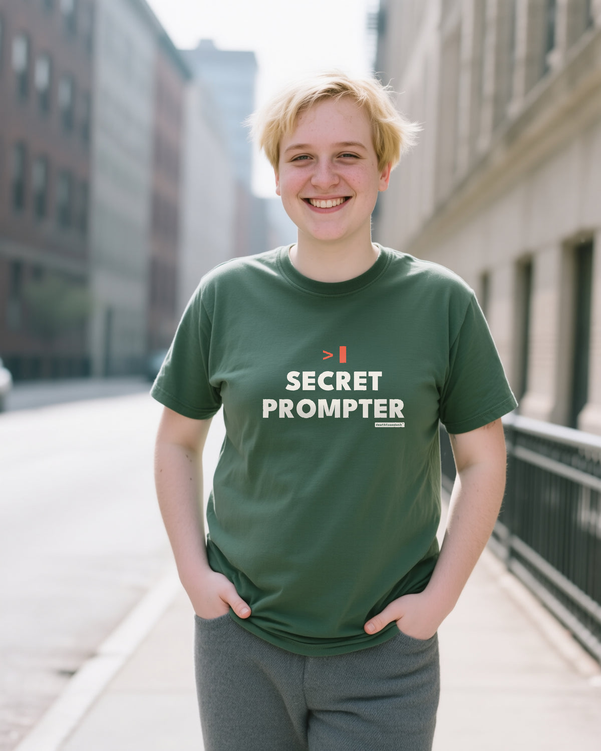 Secret Prompter unisex heavyweight t-shirt in moss, worn