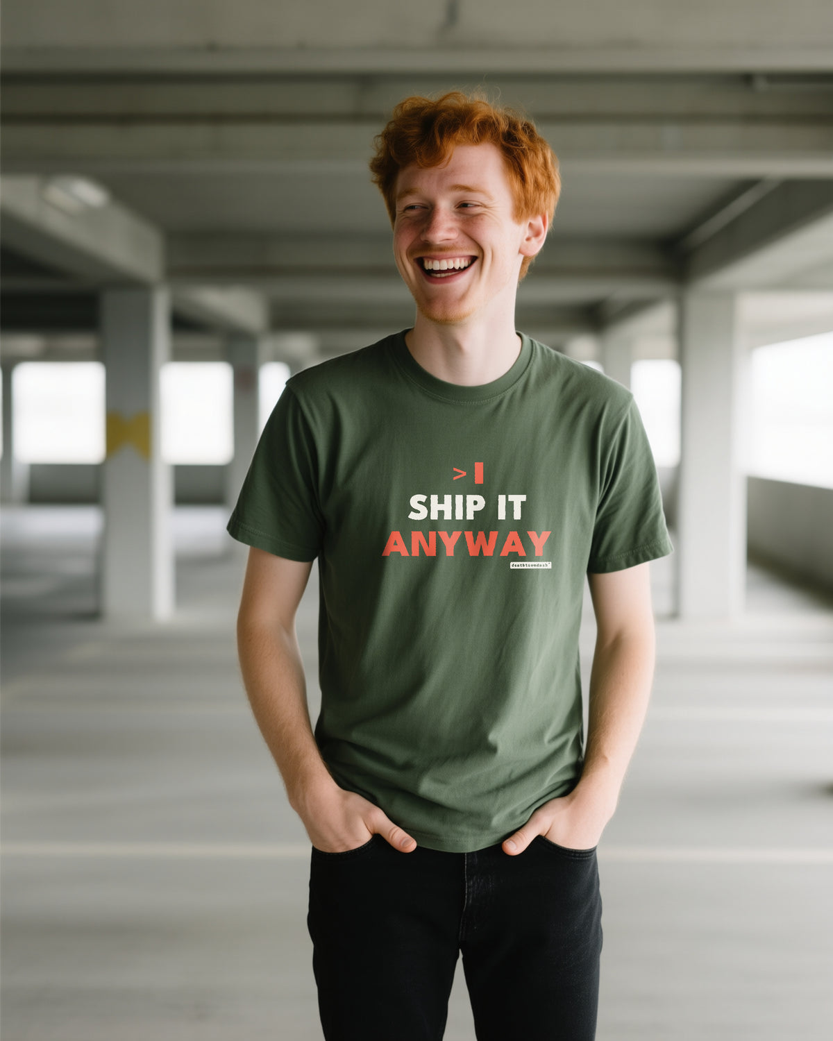 Ship It Anyway unisex heavyweight t-shirt in moss, worn
