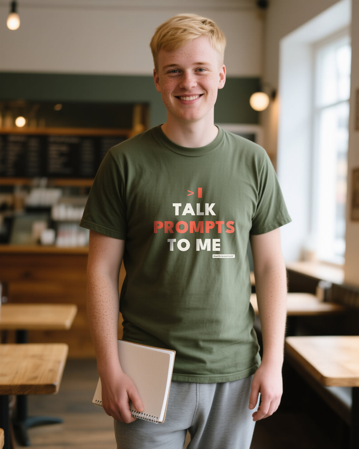Talk Prompts To Me unisex heavyweight t-shirt in moss, worn