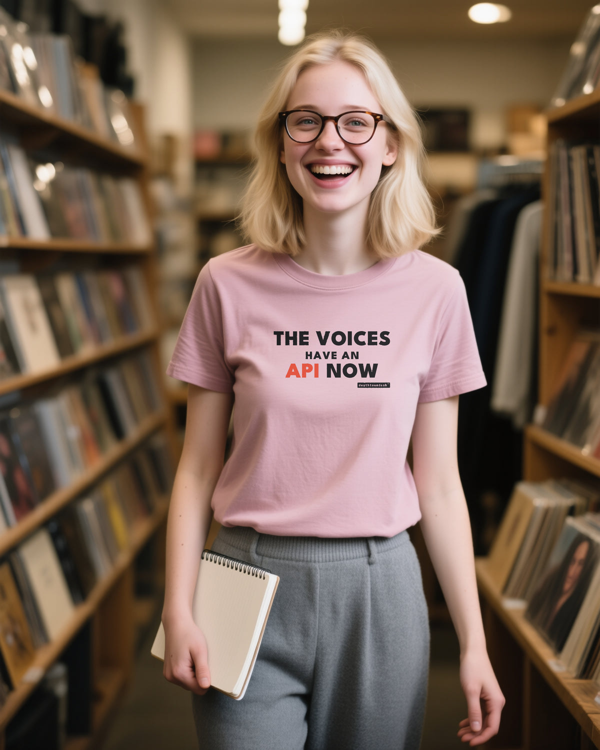 The Voices Have An Api Now unisex heavyweight t-shirt in heather mauve, worn