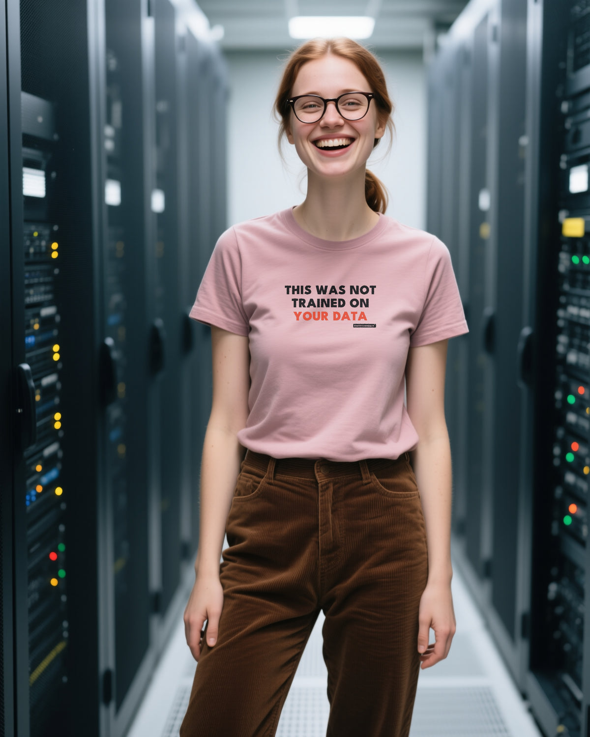 This Was Not Trained On Your Data unisex heavyweight t-shirt in heather mauve, worn