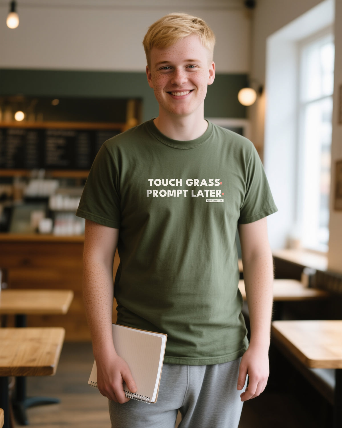 Touch Grass Prompt Later unisex heavyweight t-shirt in moss, worn