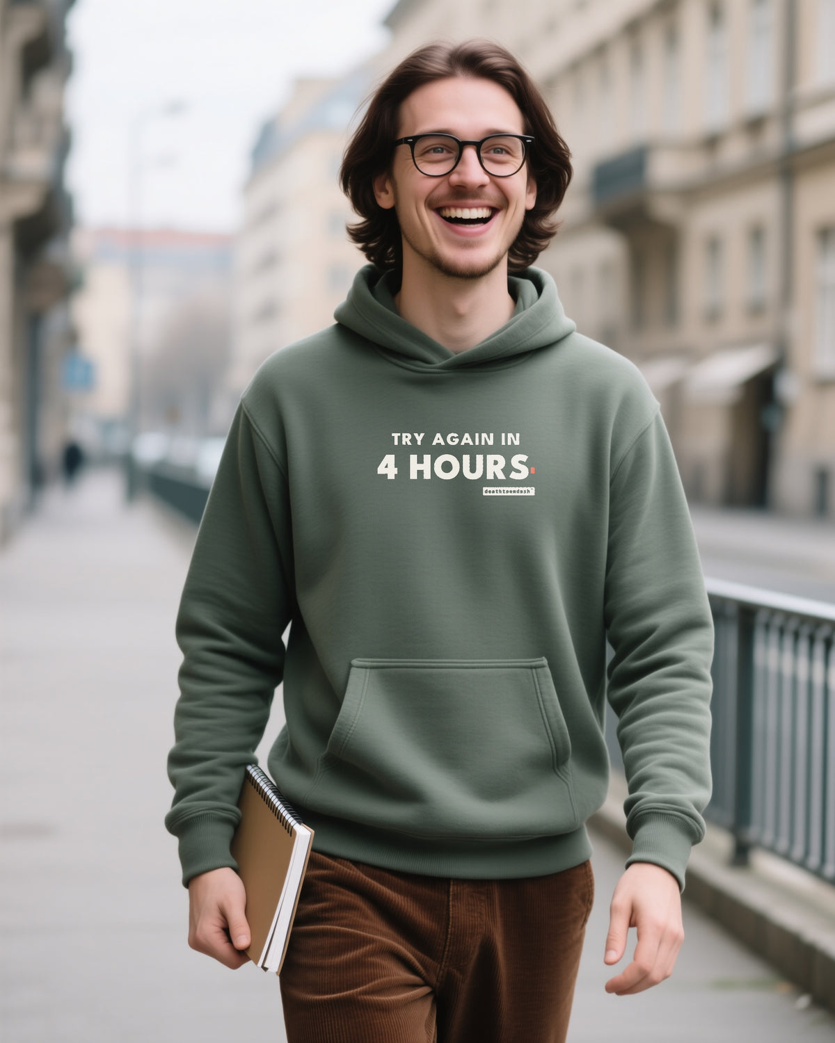 Try Again In 4 Hours unisex heavyweight t-shirt in military green, worn