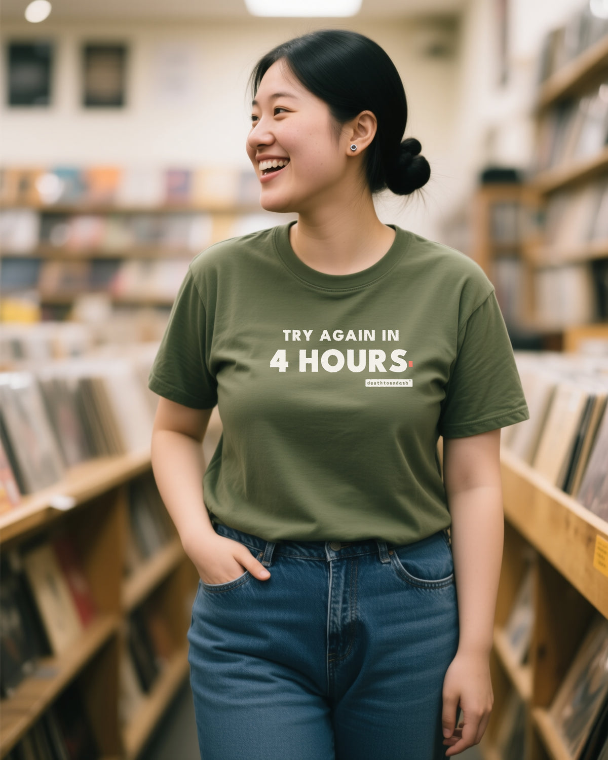Try Again In 4 Hours unisex heavyweight t-shirt in moss, worn