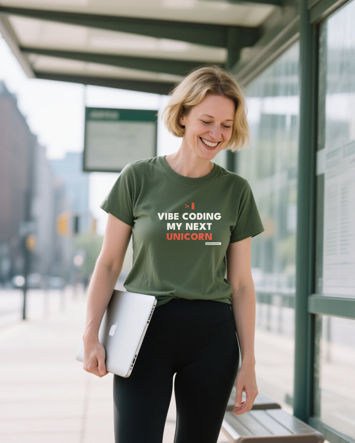 Vibe Coding My Next Unicorn unisex heavyweight t-shirt in moss, worn