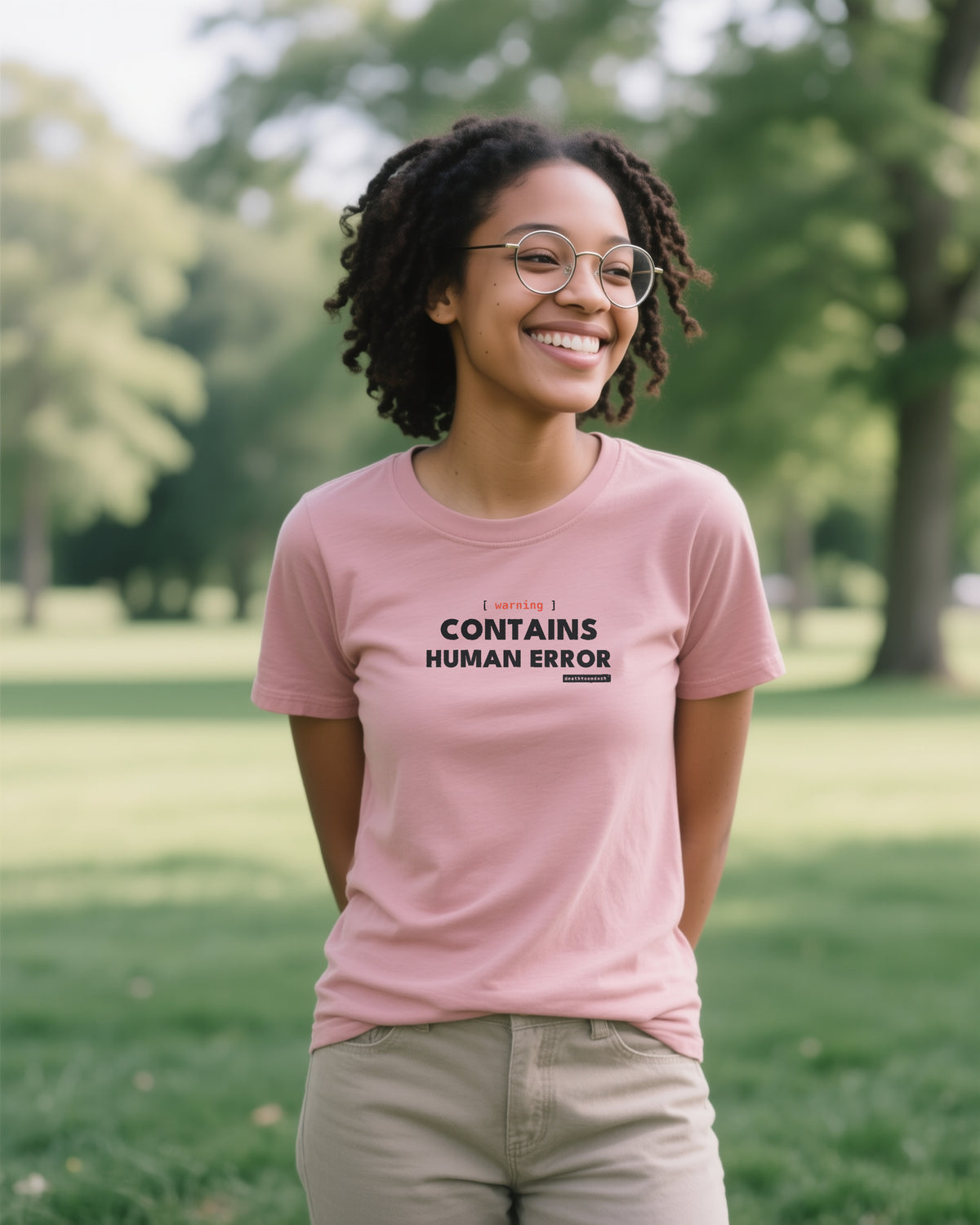 Warning Contains Human Error unisex heavyweight t-shirt in heather mauve, worn