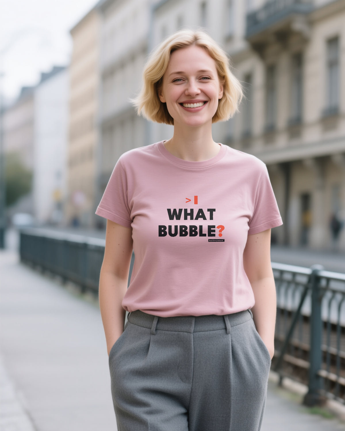 What Bubble unisex heavyweight t-shirt in heather mauve, worn