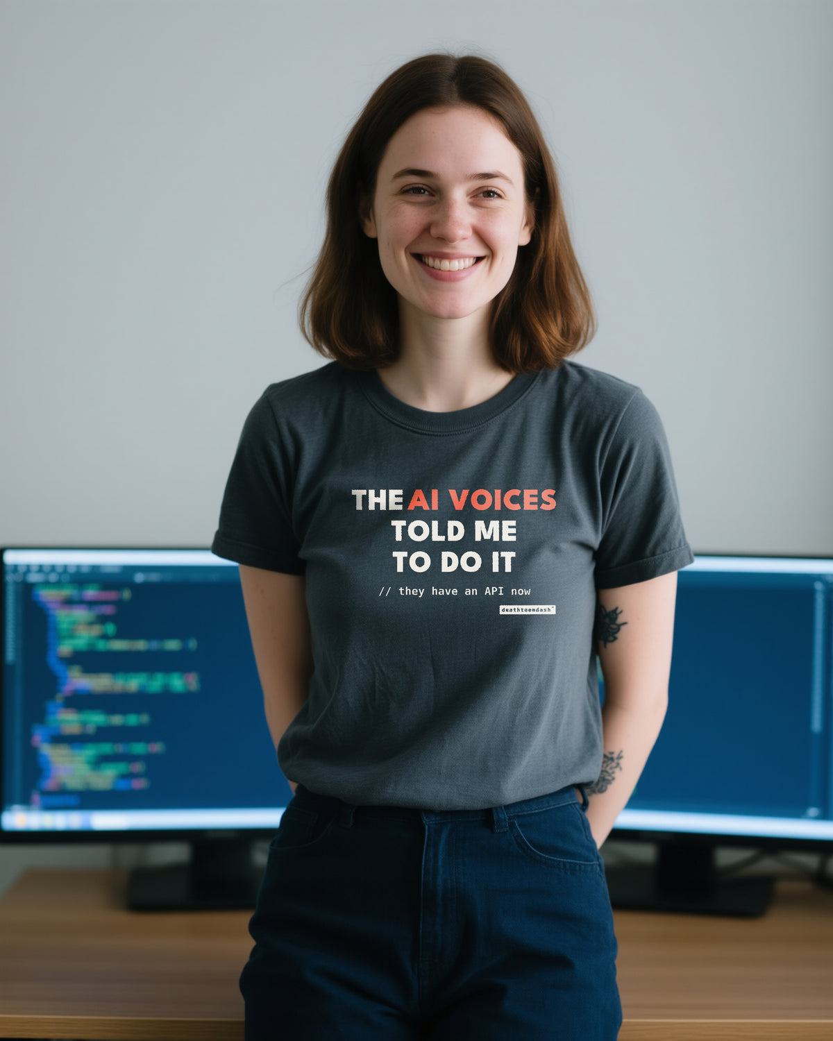 Ai Voices Told Me unisex heavyweight t-shirt in pepper, worn