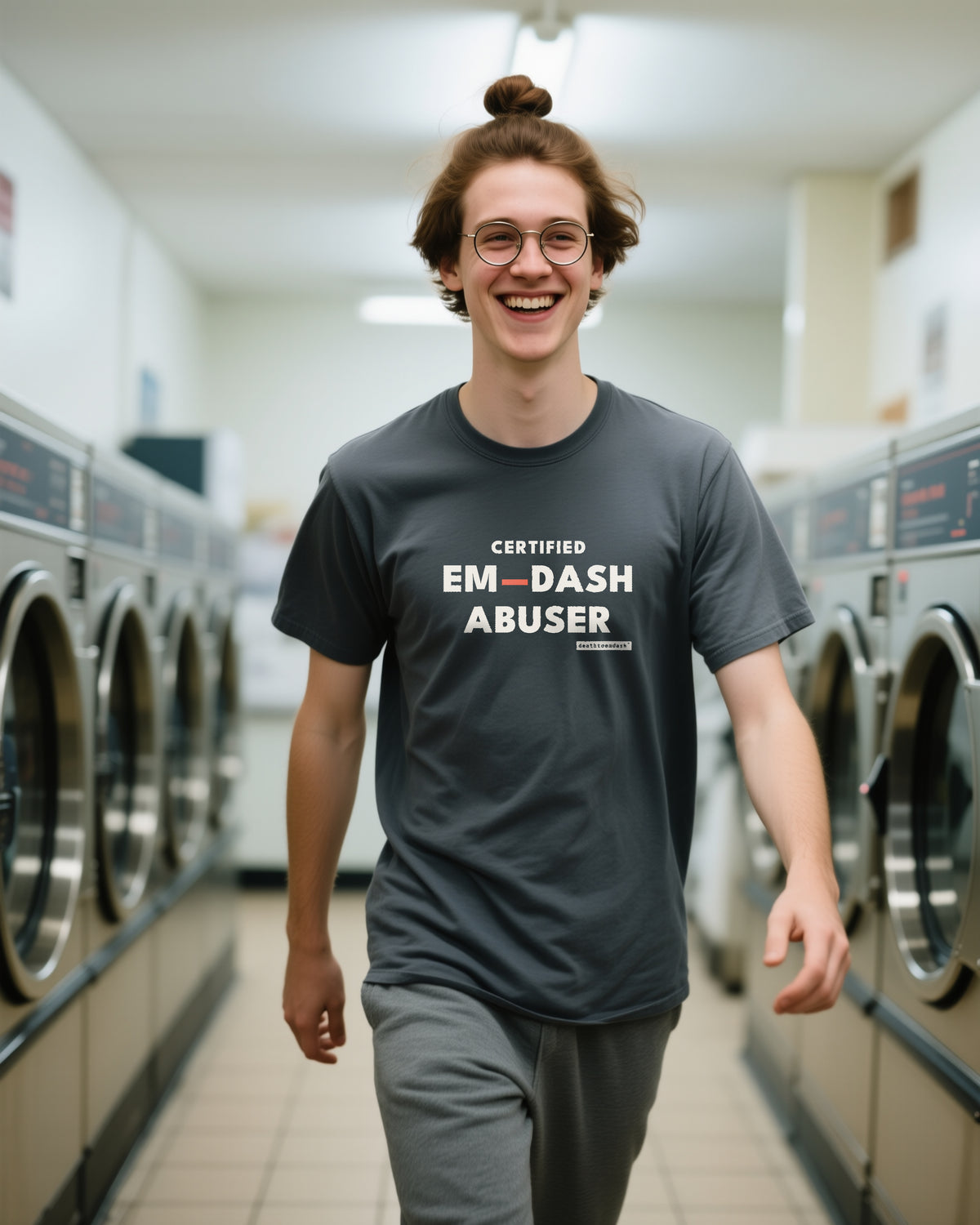 Certified Em Dash Abuser unisex heavyweight t-shirt in pepper, worn