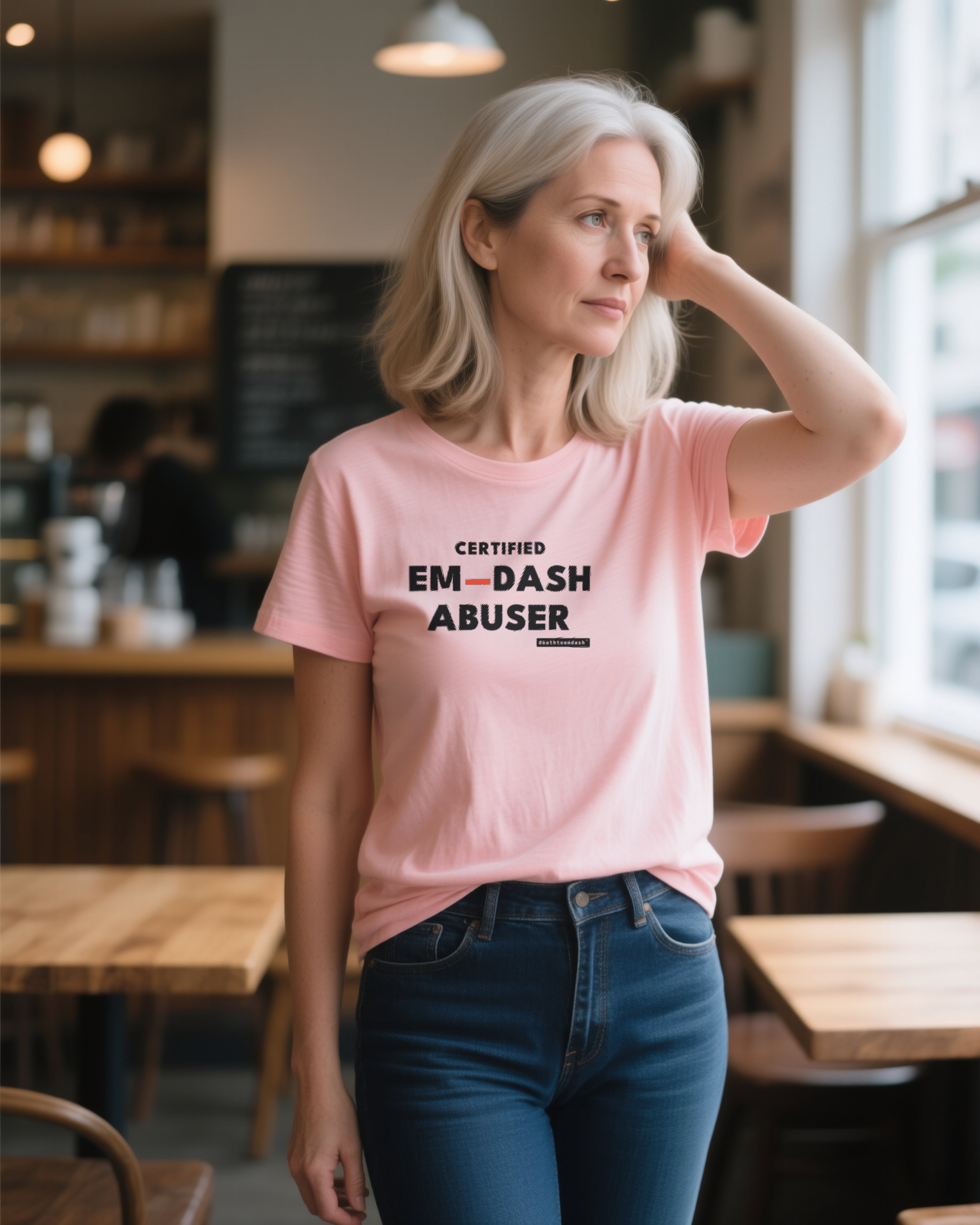 Certified Em-Dash Abuser women's relaxed t-shirt in pink, worn