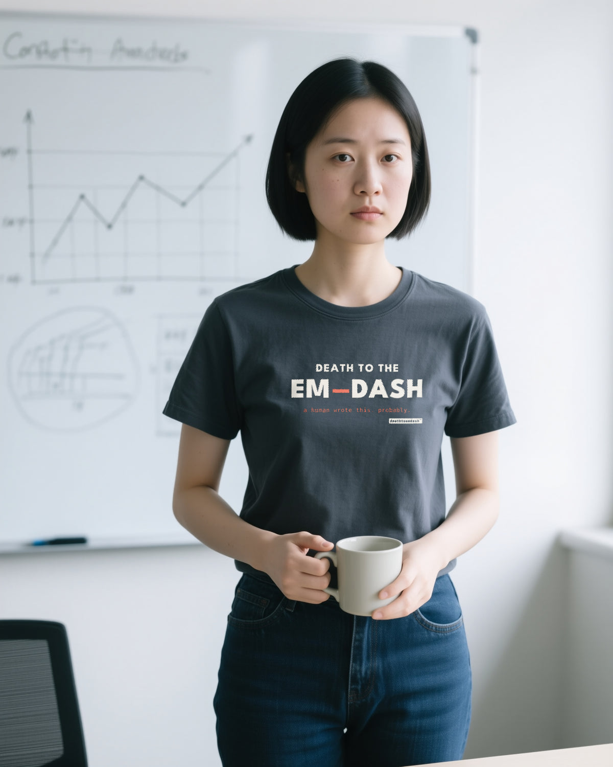 Death To The Em Dash unisex heavyweight t-shirt in pepper, worn