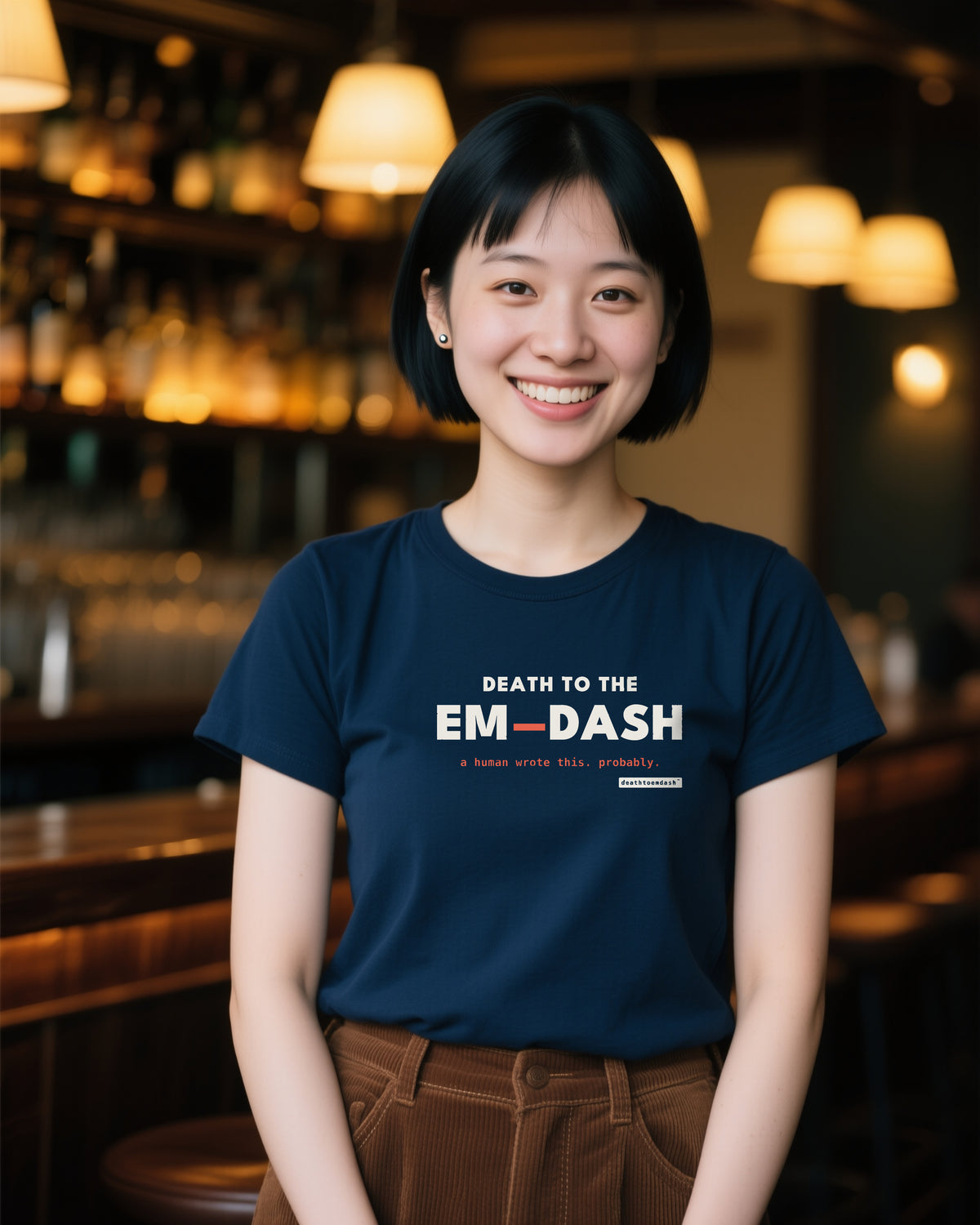 Death To The Em Dash unisex heavyweight t-shirt in navy, worn