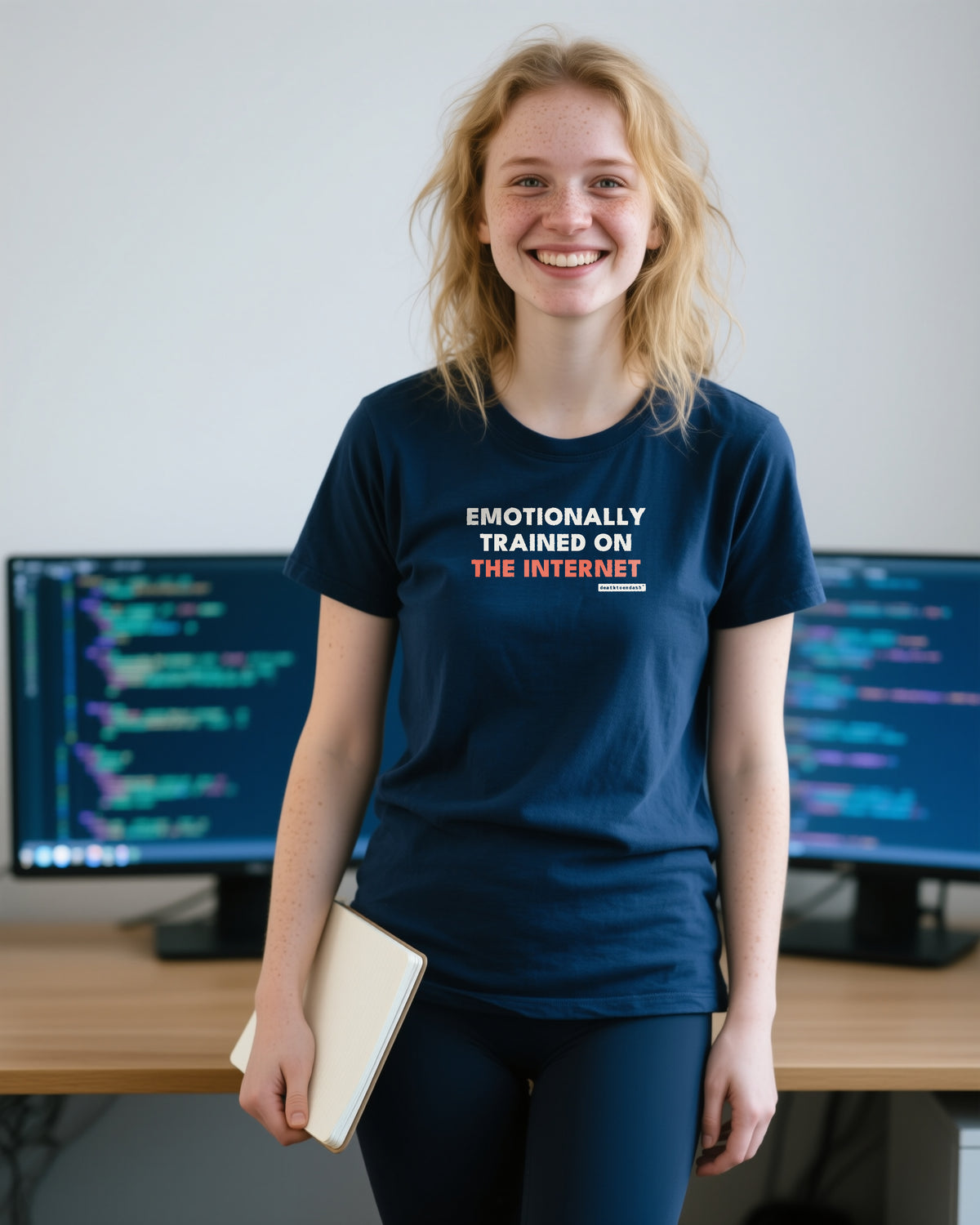 Emotionally Trained On The Internet unisex heavyweight t-shirt in navy, worn