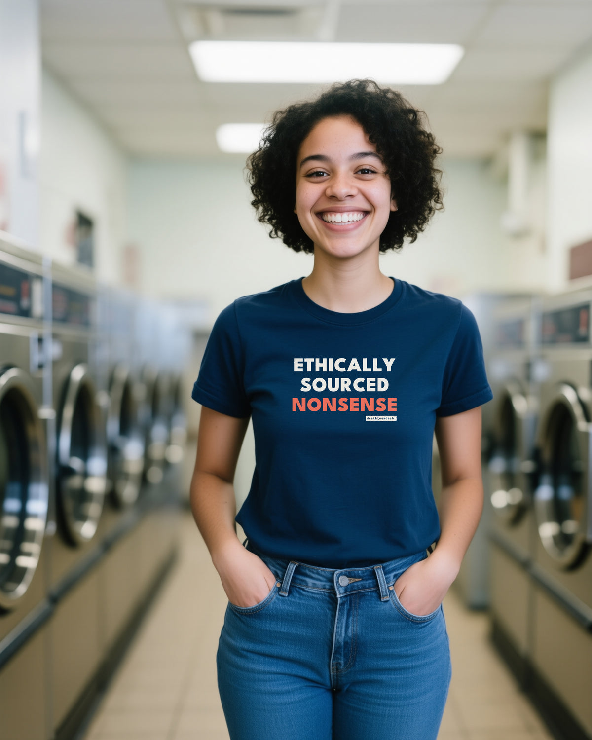 Ethically Sourced Nonsense unisex heavyweight t-shirt in navy, worn